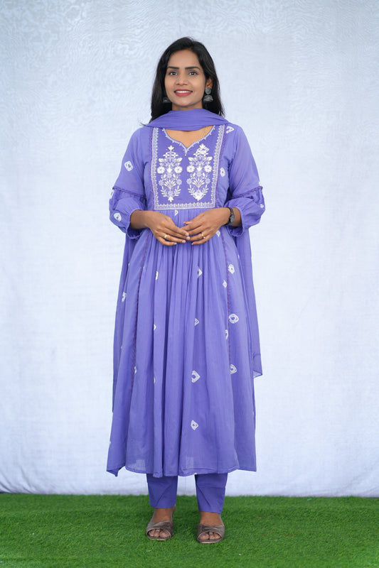 Lavender Color Mul cotton 3 Piece Set with embroidery work and complete lining