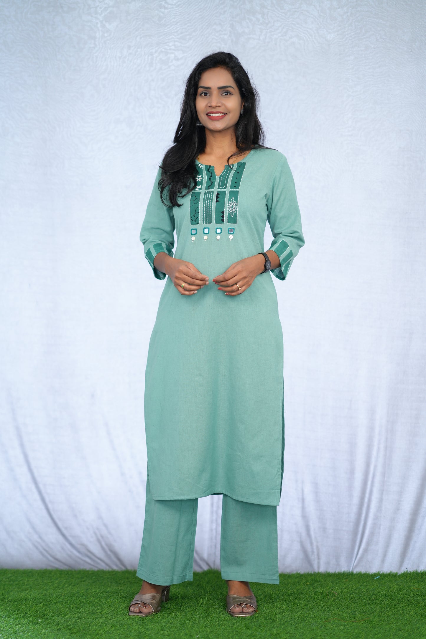 Mint Green Jaipur Slub Cotton Stylish Office Wear Cord Set with embroidery Work