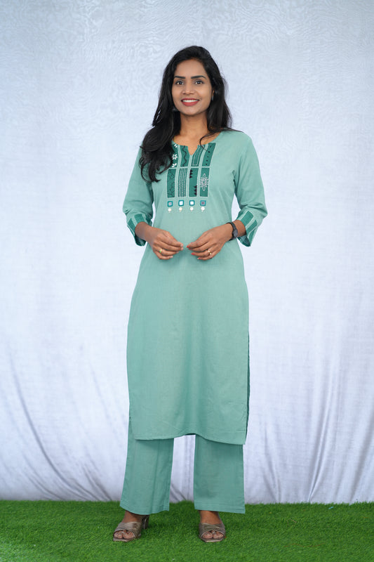 Mint Green Jaipur Slub Cotton Stylish Office Wear Cord Set with embroidery Work