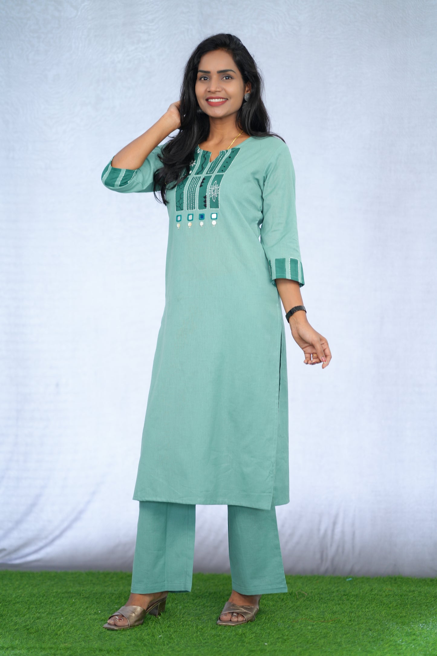 Mint Green Jaipur Slub Cotton Stylish Office Wear Cord Set with embroidery Work
