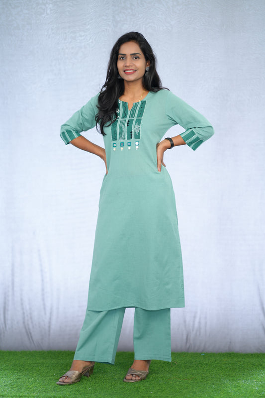 Mint Green Jaipur Slub Cotton Stylish Office Wear Cord Set with embroidery Work