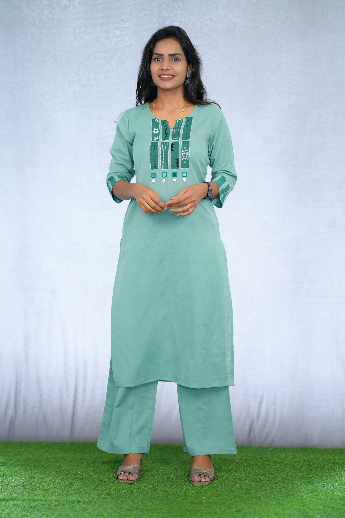 Mint Green Jaipur Slub Cotton Stylish Office Wear Cord Set with embroidery Work