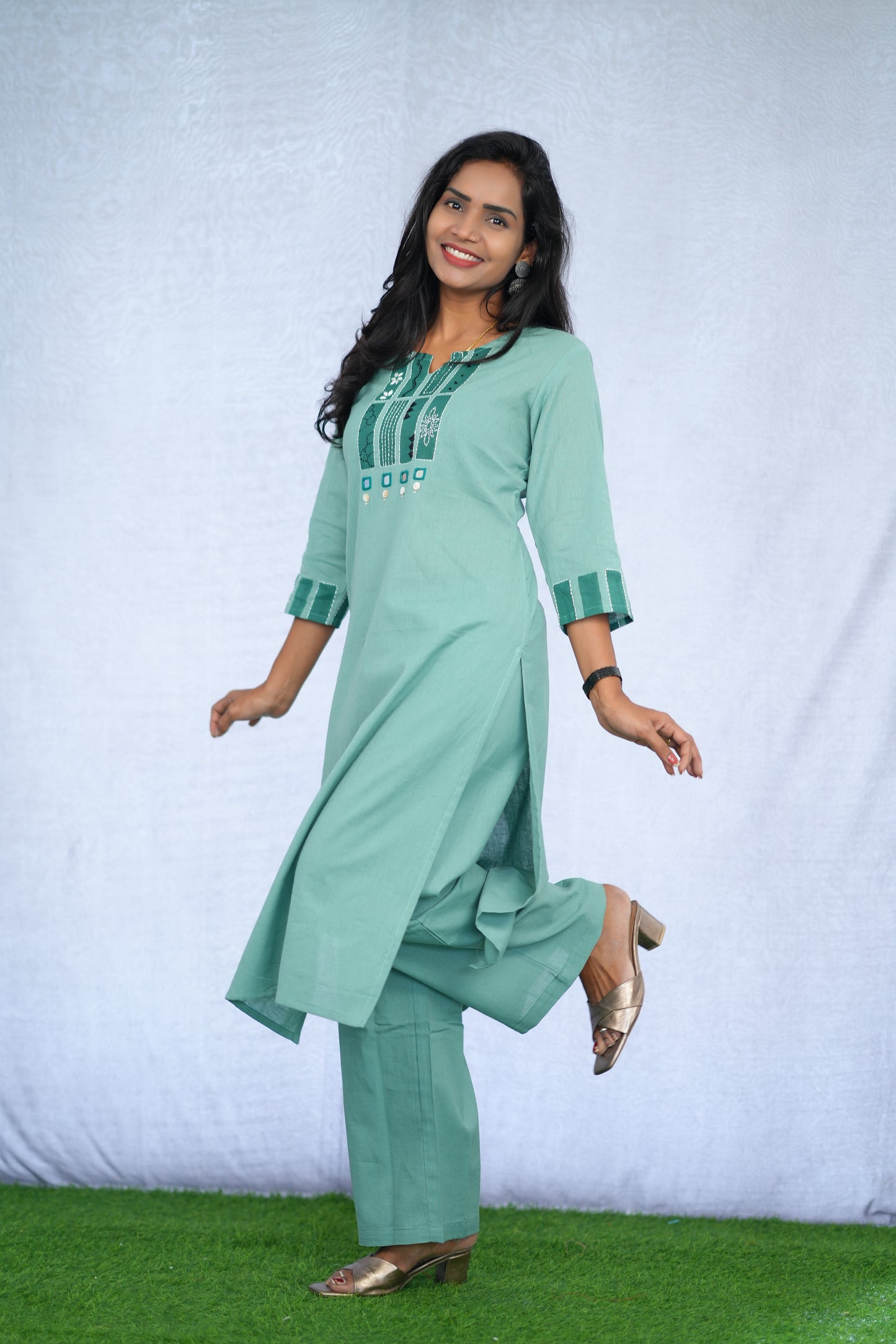 Mint Green Jaipur Slub Cotton Stylish Office Wear Cord Set with embroidery Work