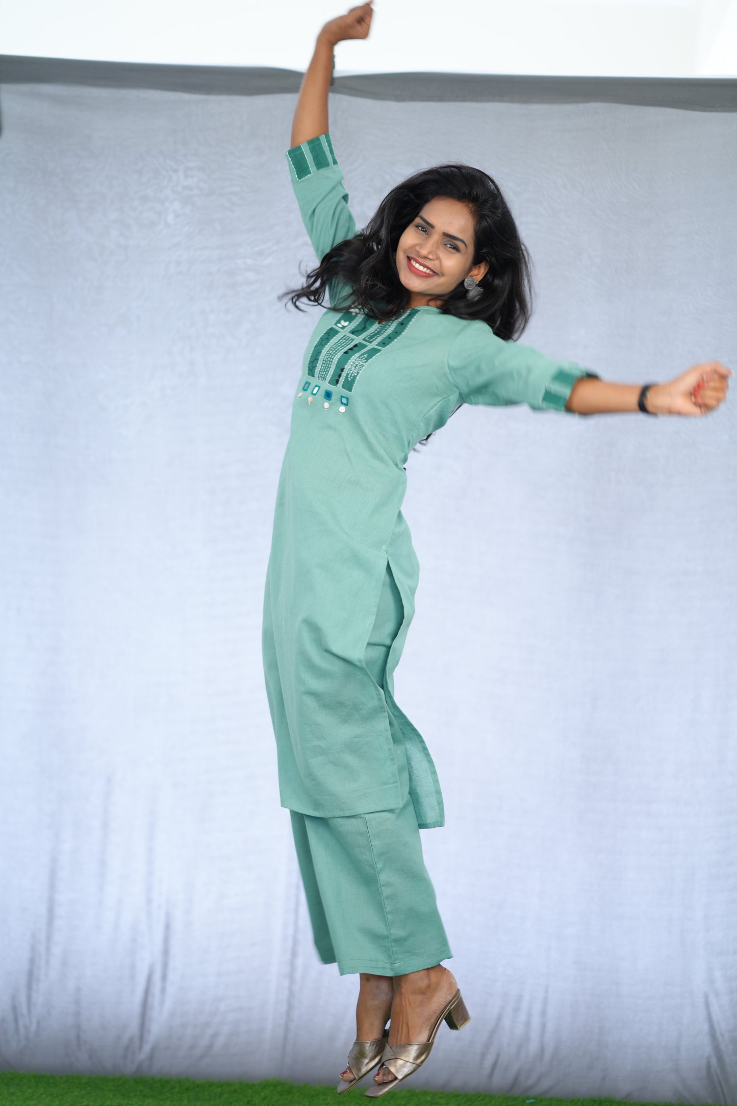 Mint Green Jaipur Slub Cotton Stylish Office Wear Cord Set with embroidery Work
