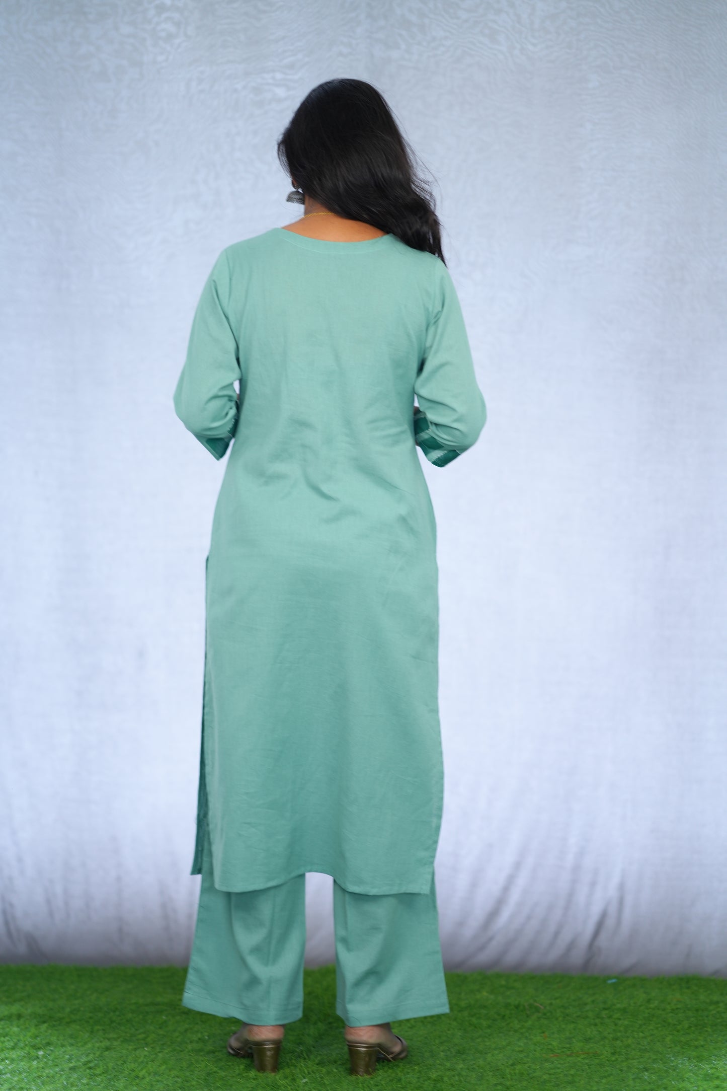 Mint Green Jaipur Slub Cotton Stylish Office Wear Cord Set with embroidery Work