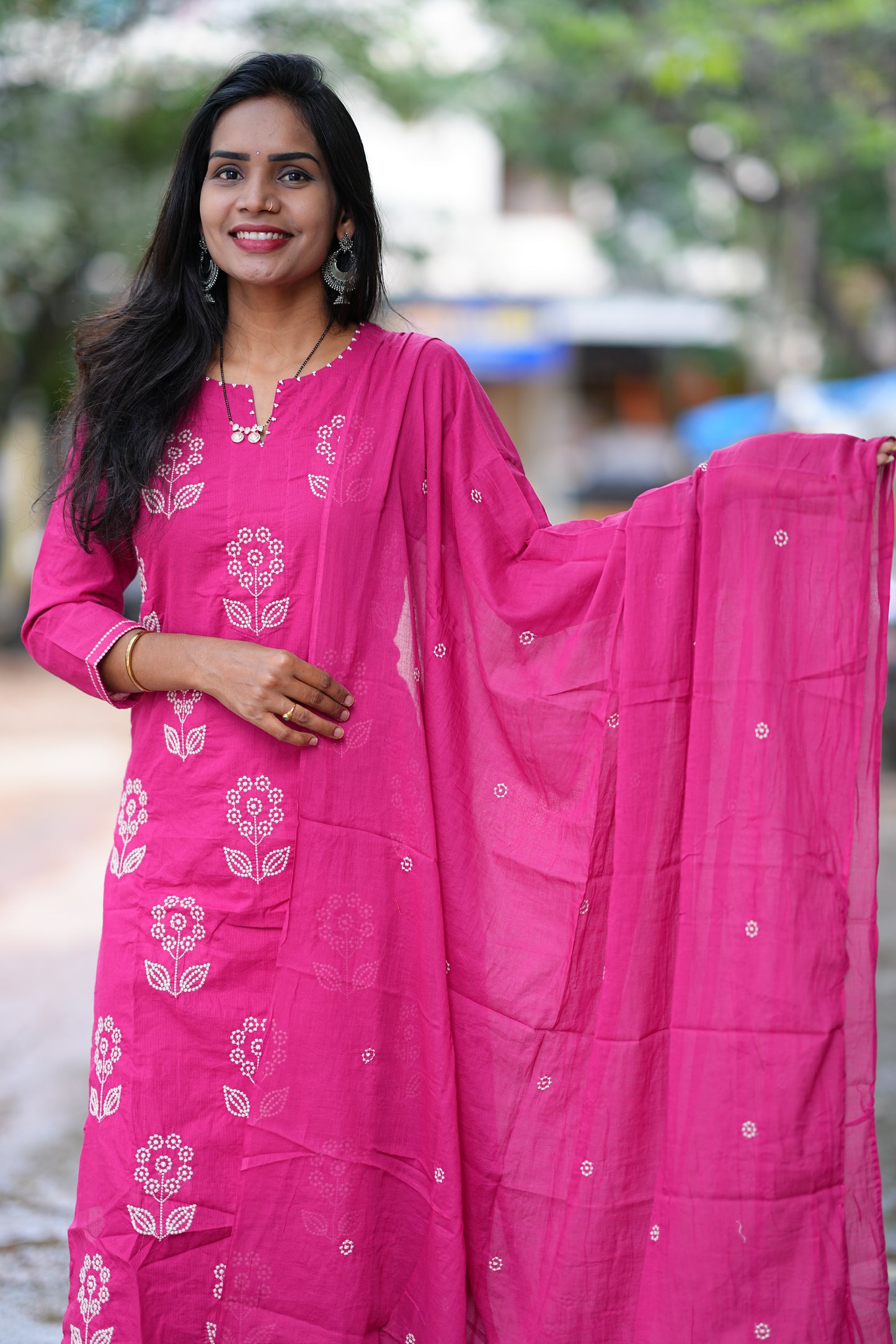 Rani Pink Color Mul Cotton 3 Piece Set With Thread Work