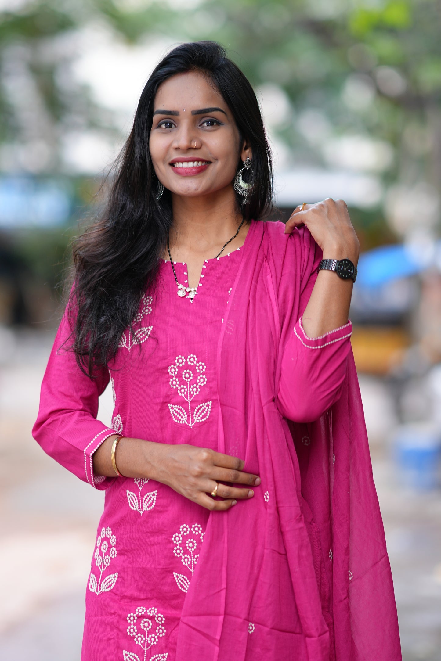 Rani Pink Color Mul Cotton 3 Piece Set With Thread Work