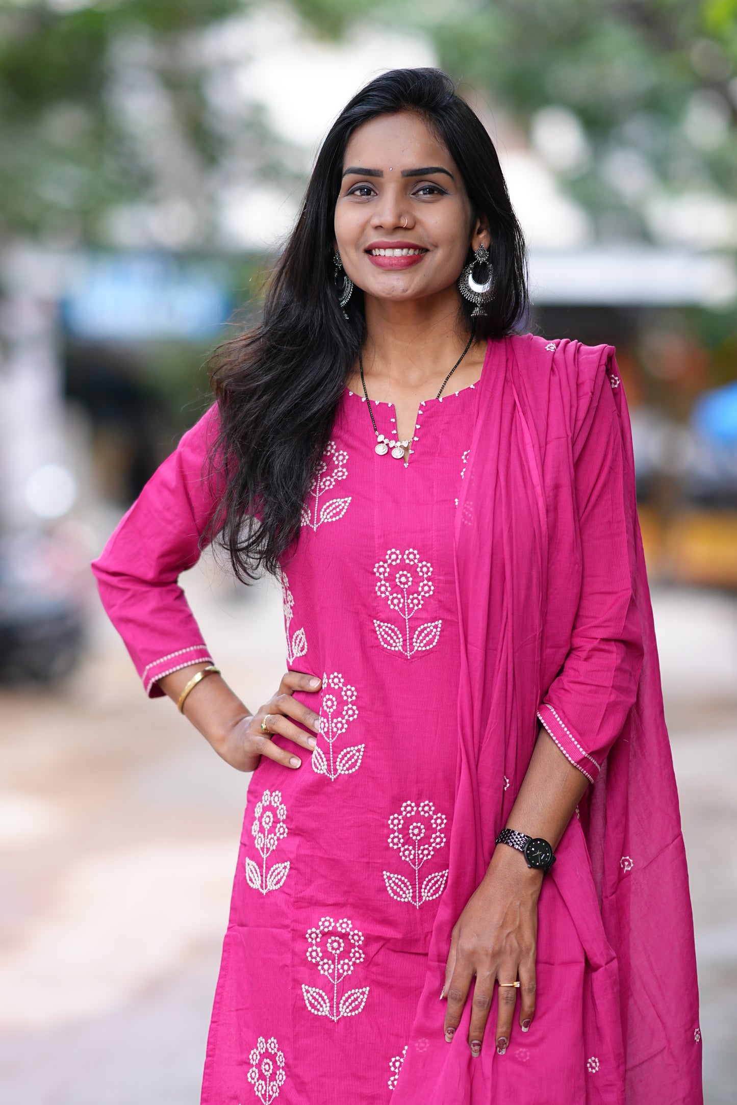 Rani Pink Color Mul Cotton 3 Piece Set With Thread Work