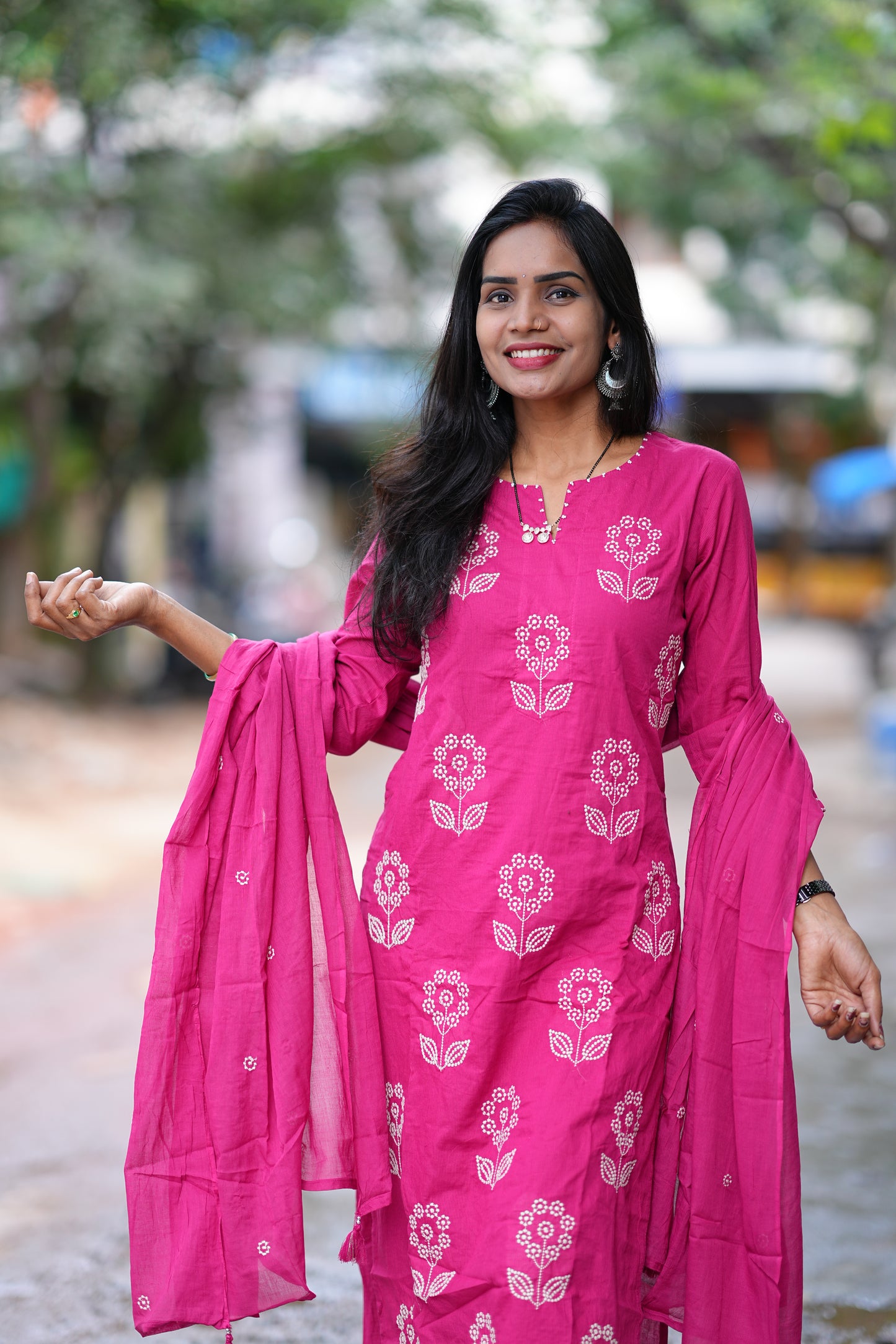 Rani Pink Color Mul Cotton 3 Piece Set With Thread Work