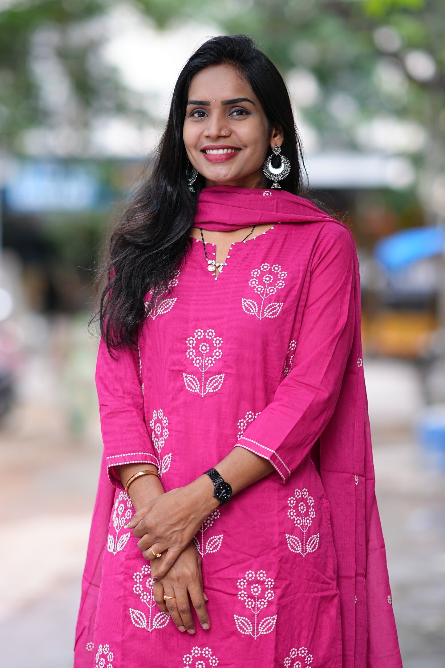 Rani Pink Color Mul Cotton 3 Piece Set With Thread Work