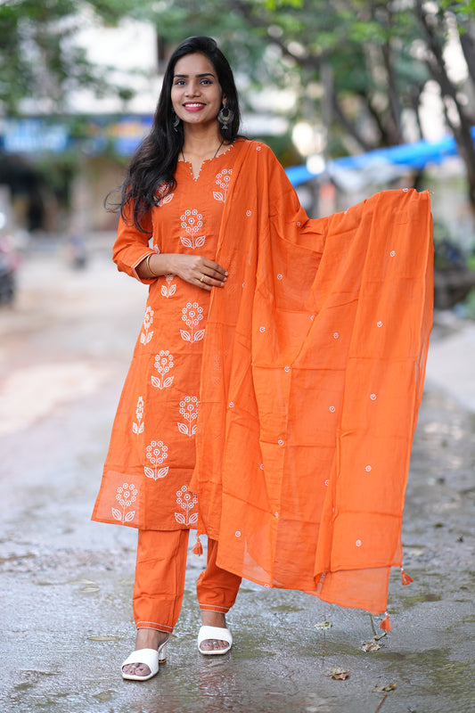 Orange Color Mul Cotton 3 Piece Set With Thread Work