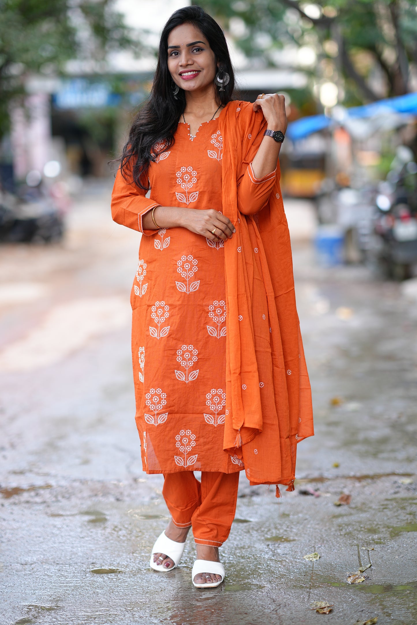 Orange Color Mul Cotton 3 Piece Set With Thread Work