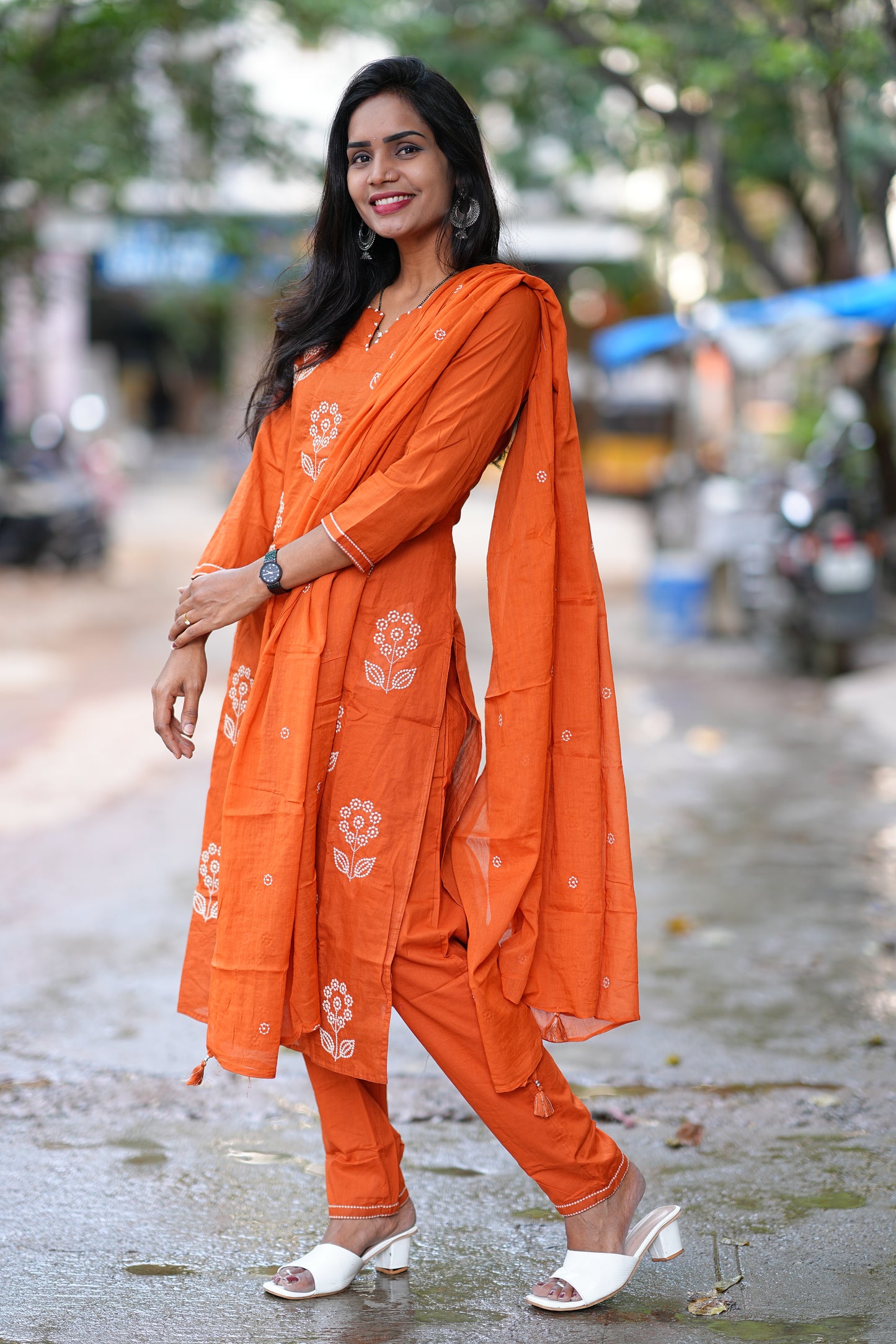 Orange Color Mul Cotton 3 Piece Set With Thread Work