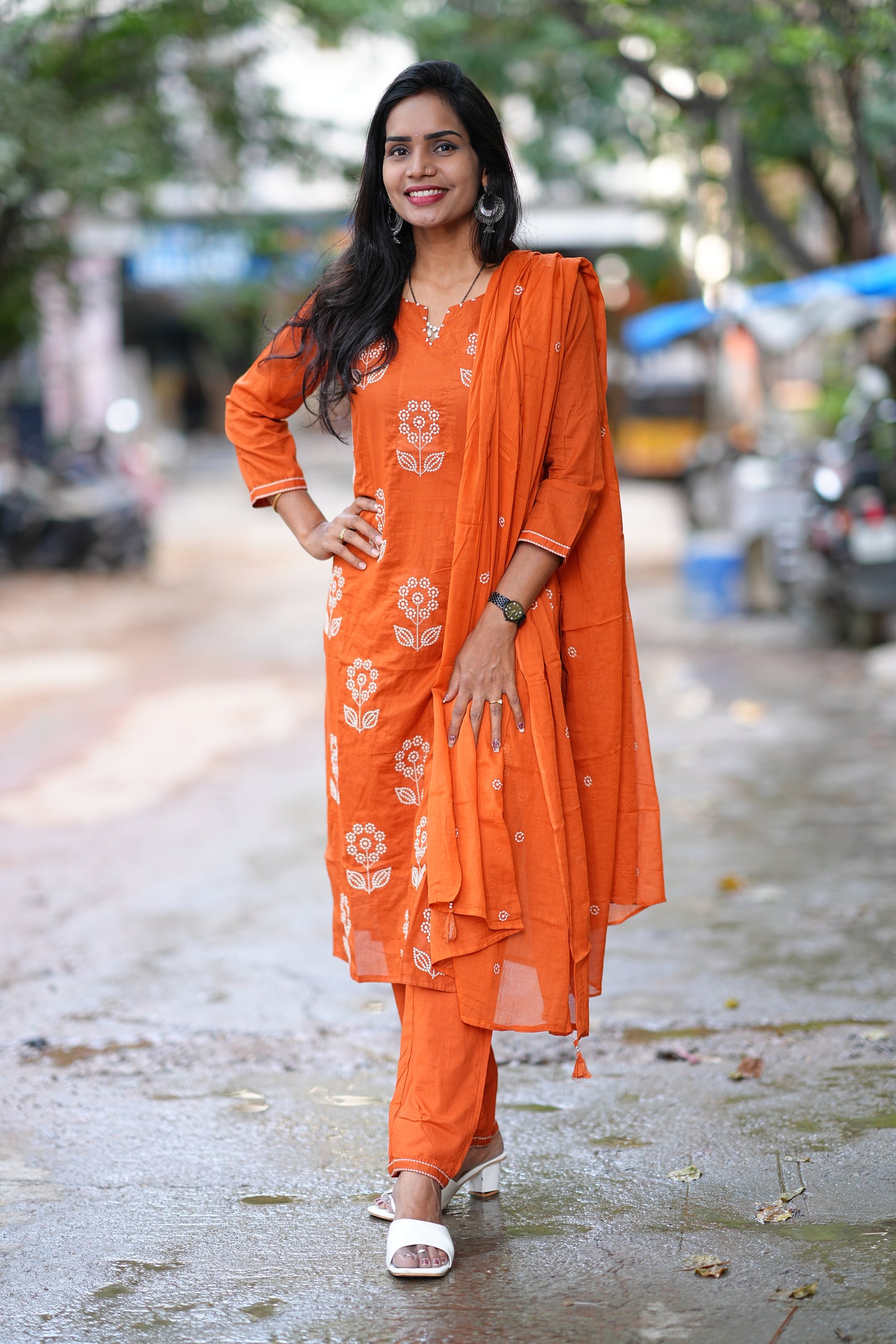 Orange Color Mul Cotton 3 Piece Set With Thread Work