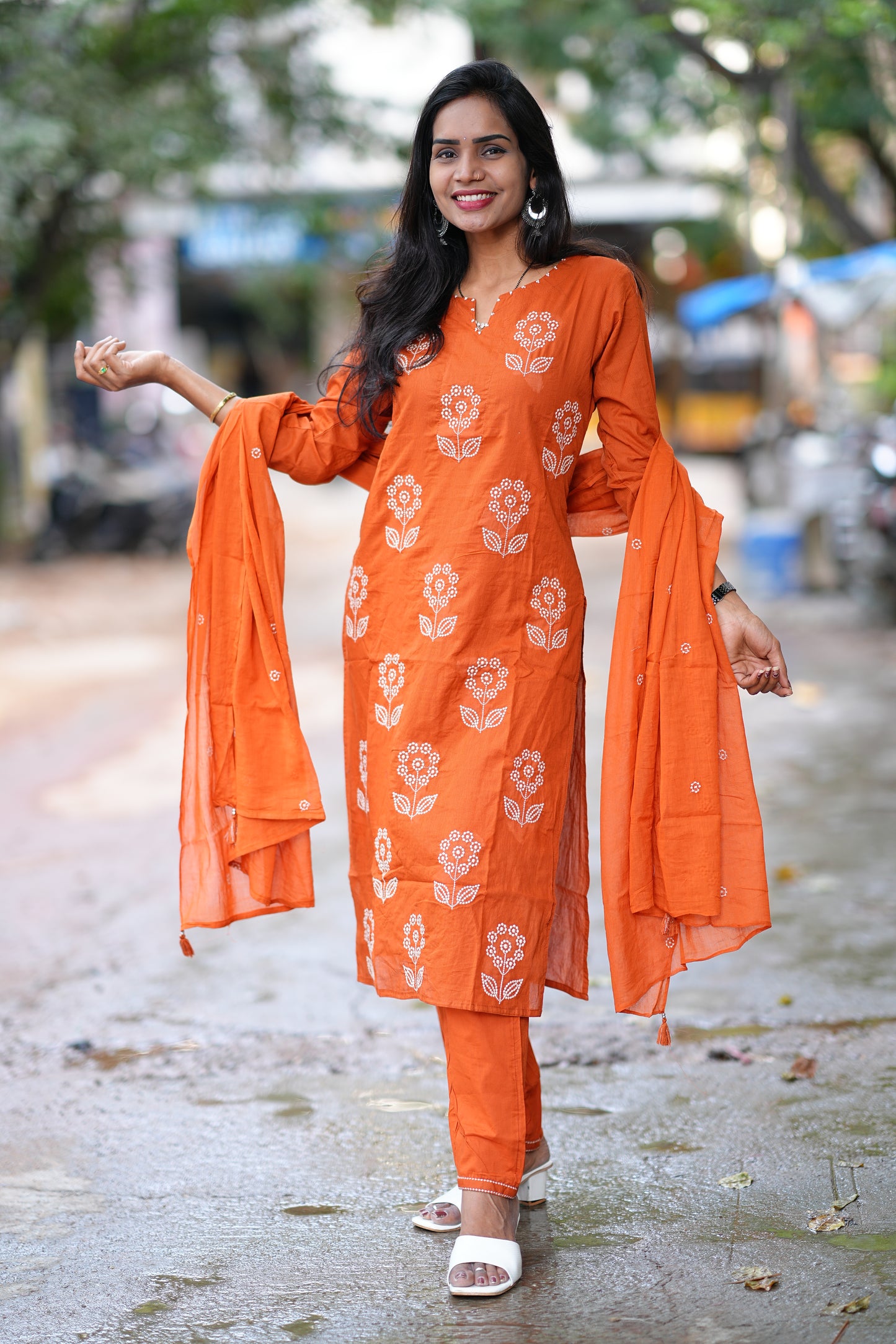 Orange Color Mul Cotton 3 Piece Set With Thread Work
