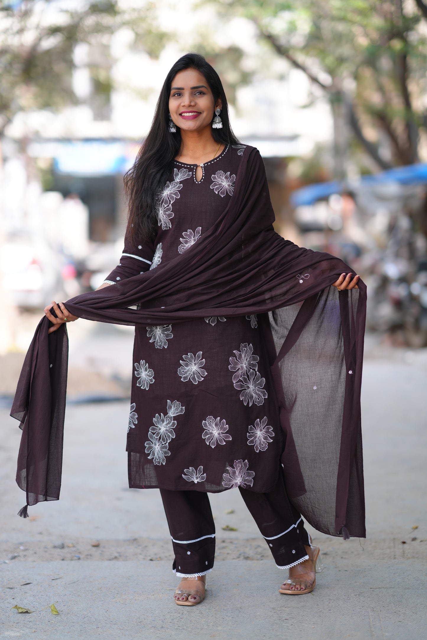 Brown Color Slub Jaipur Cotton 3 Piece Set With thread Embroidery Work and Complete Lining
