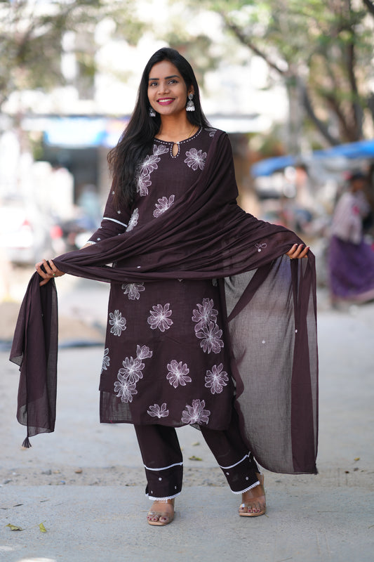 Brown Color Slub Jaipur Cotton 3 Piece Set With thread Embroidery Work and Complete Lining