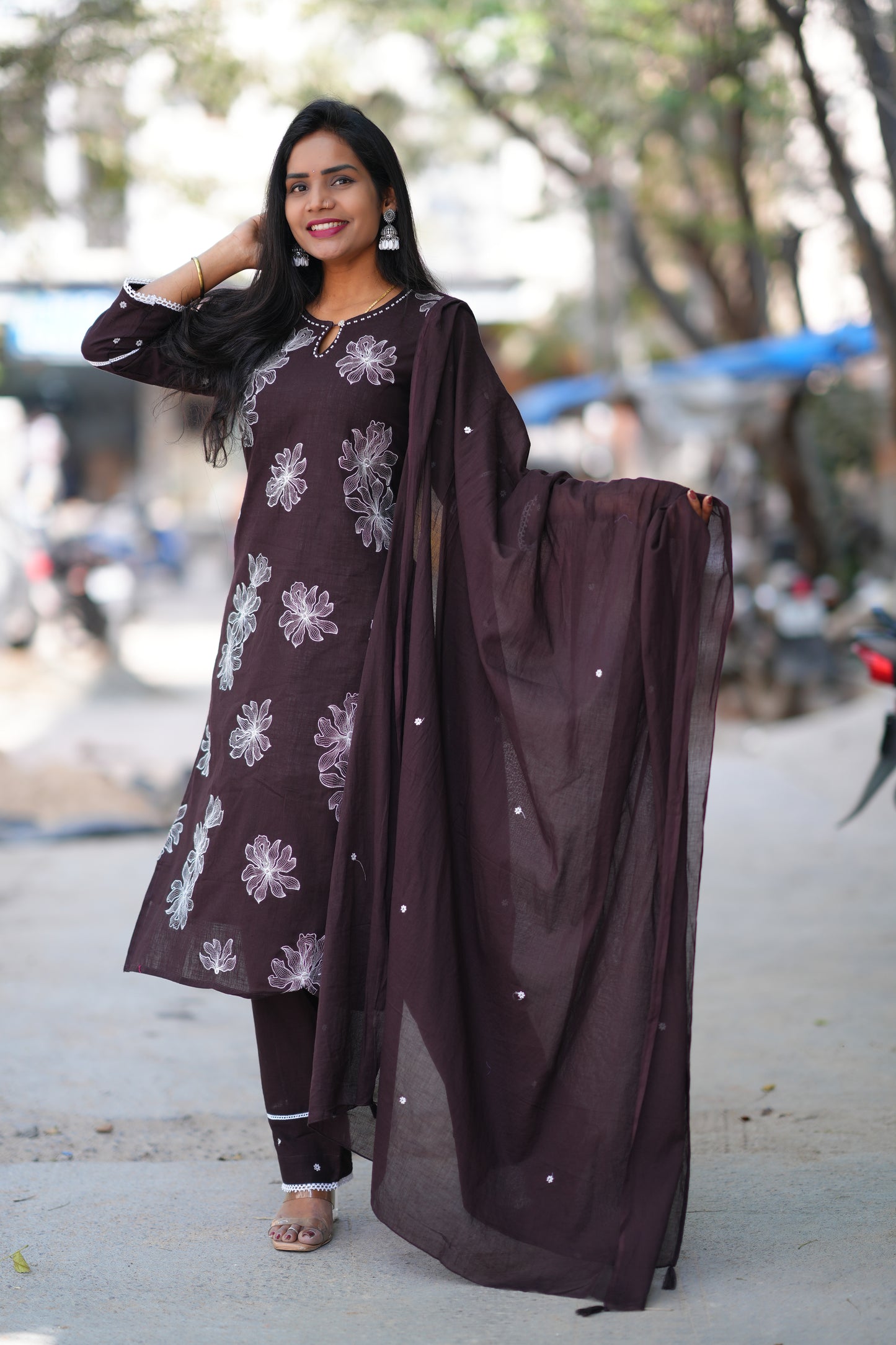 Brown Color Slub Jaipur Cotton 3 Piece Set With thread Embroidery Work and Complete Lining