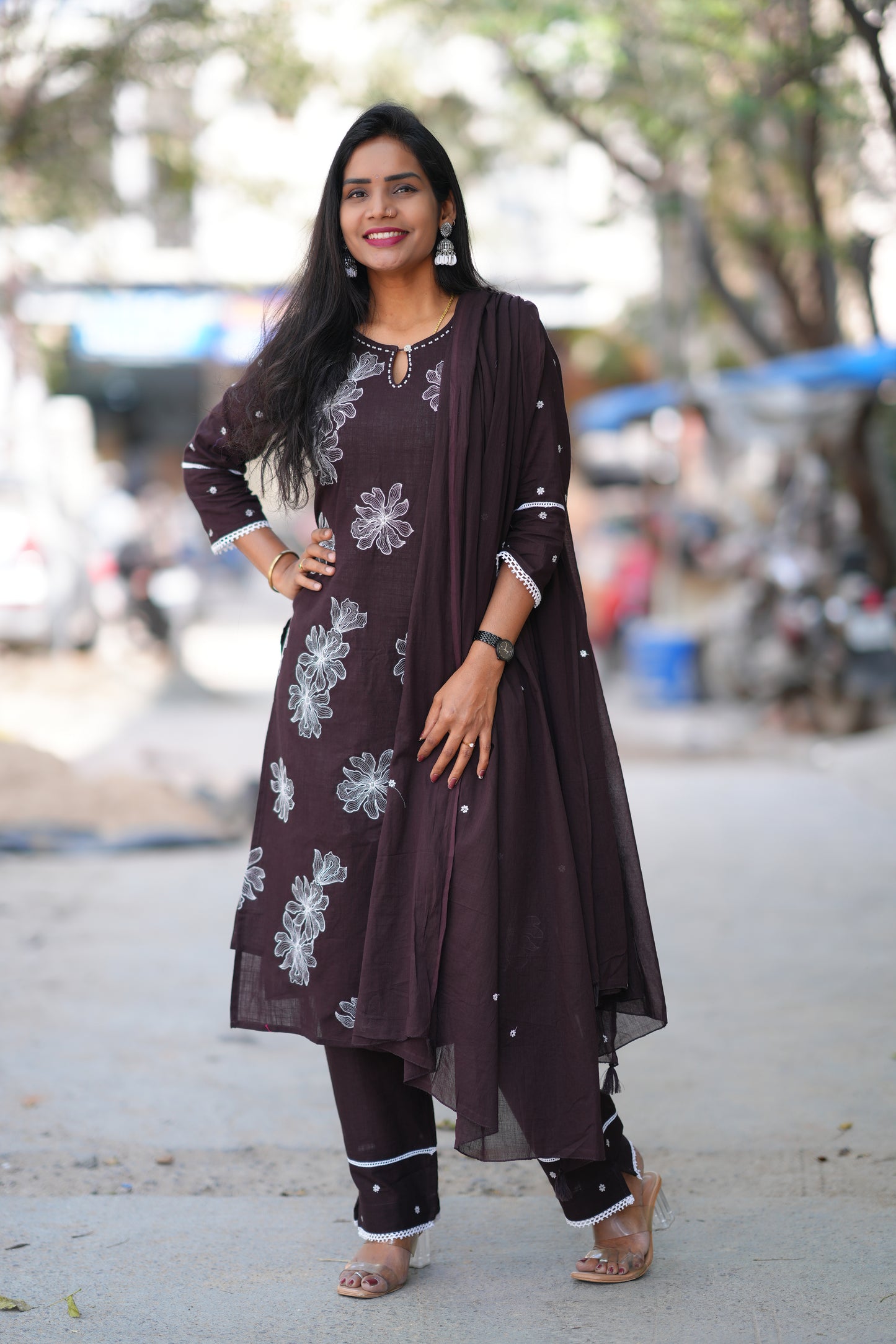 Brown Color Slub Jaipur Cotton 3 Piece Set With thread Embroidery Work and Complete Lining