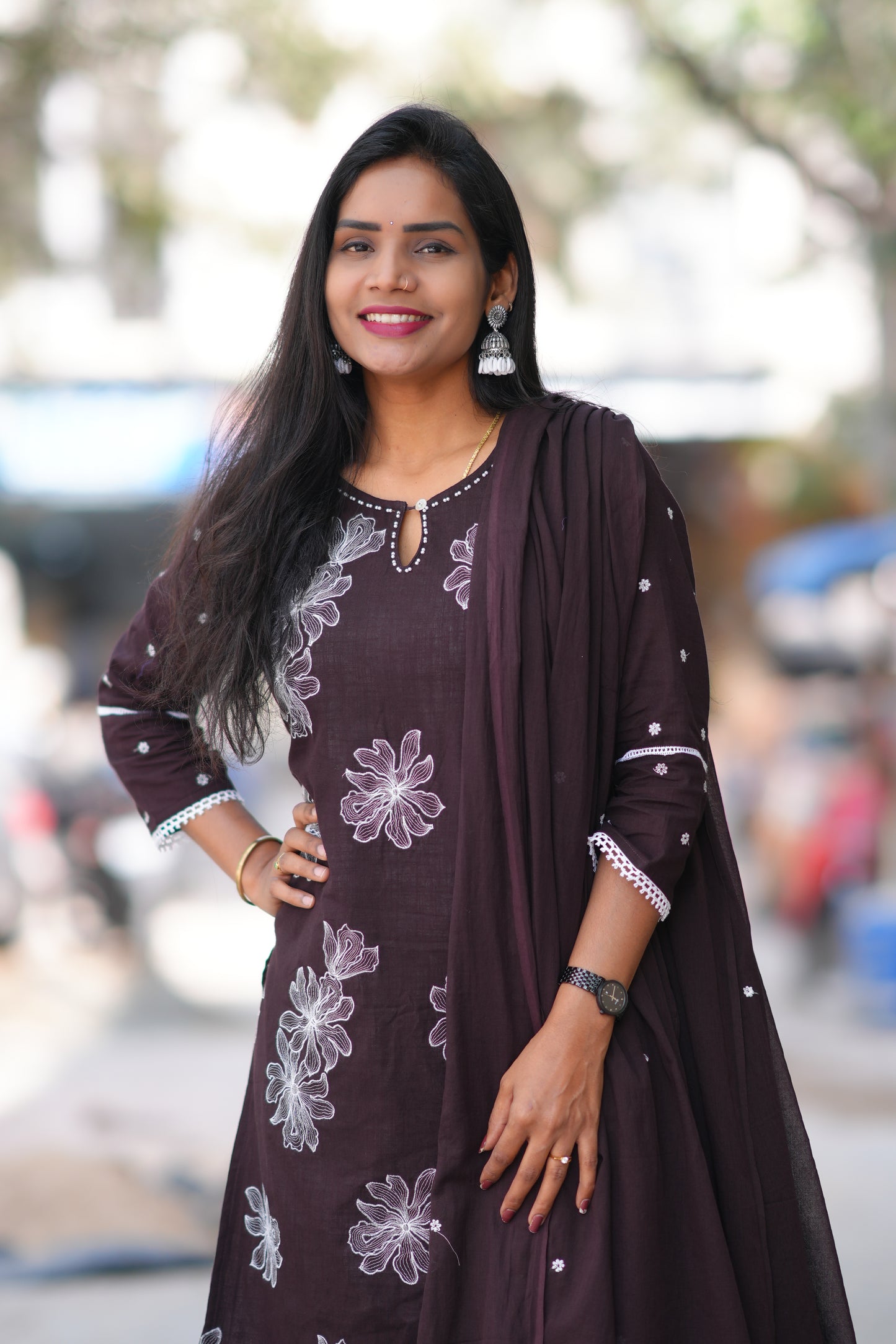 Brown Color Jaipur Cotton 3 Piece Set with Embroidery work and Complete lining