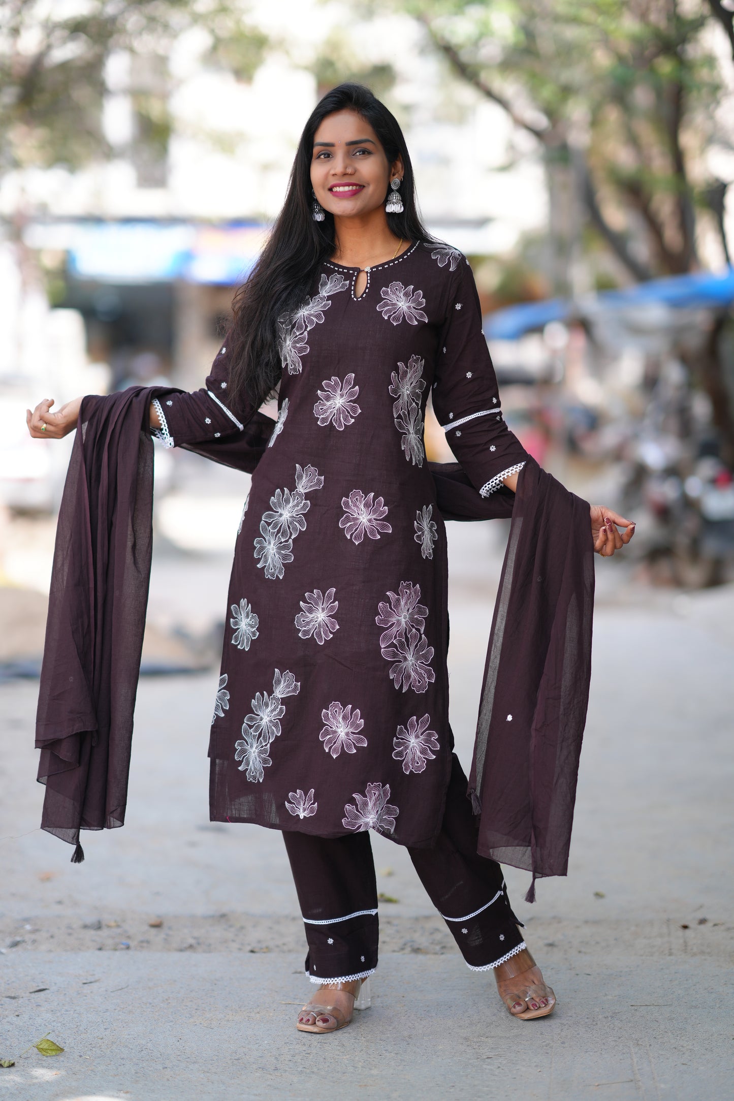 Brown Color Slub Jaipur Cotton 3 Piece Set With thread Embroidery Work and Complete Lining