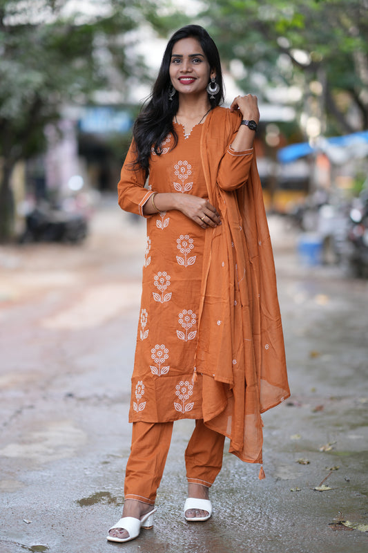 Brown Color Mul Cotton 3 Piece Set With Thread Work