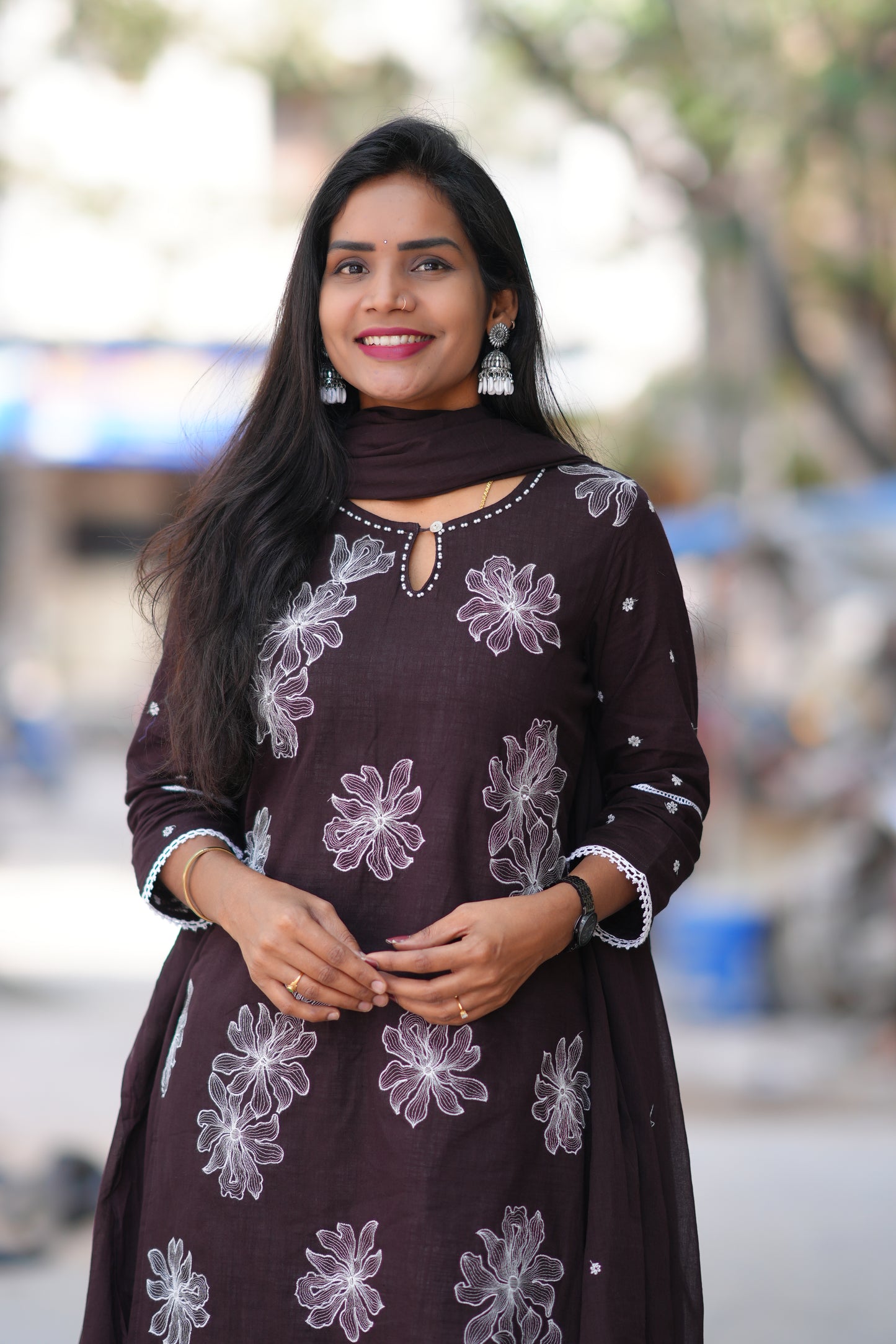 Brown Color Jaipur Cotton 3 Piece Set with Embroidery work and Complete lining