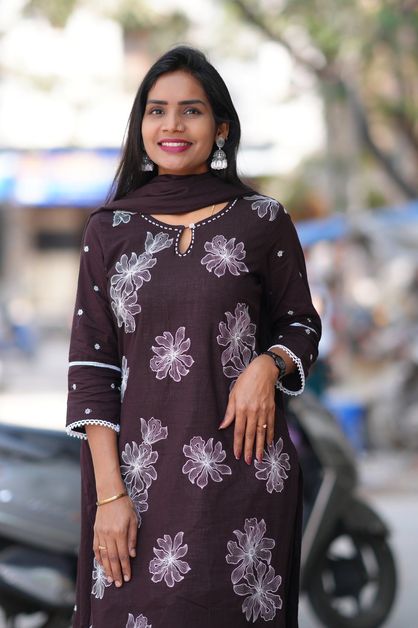 Brown Color Jaipur Cotton 3 Piece Set with Embroidery work and Complete lining