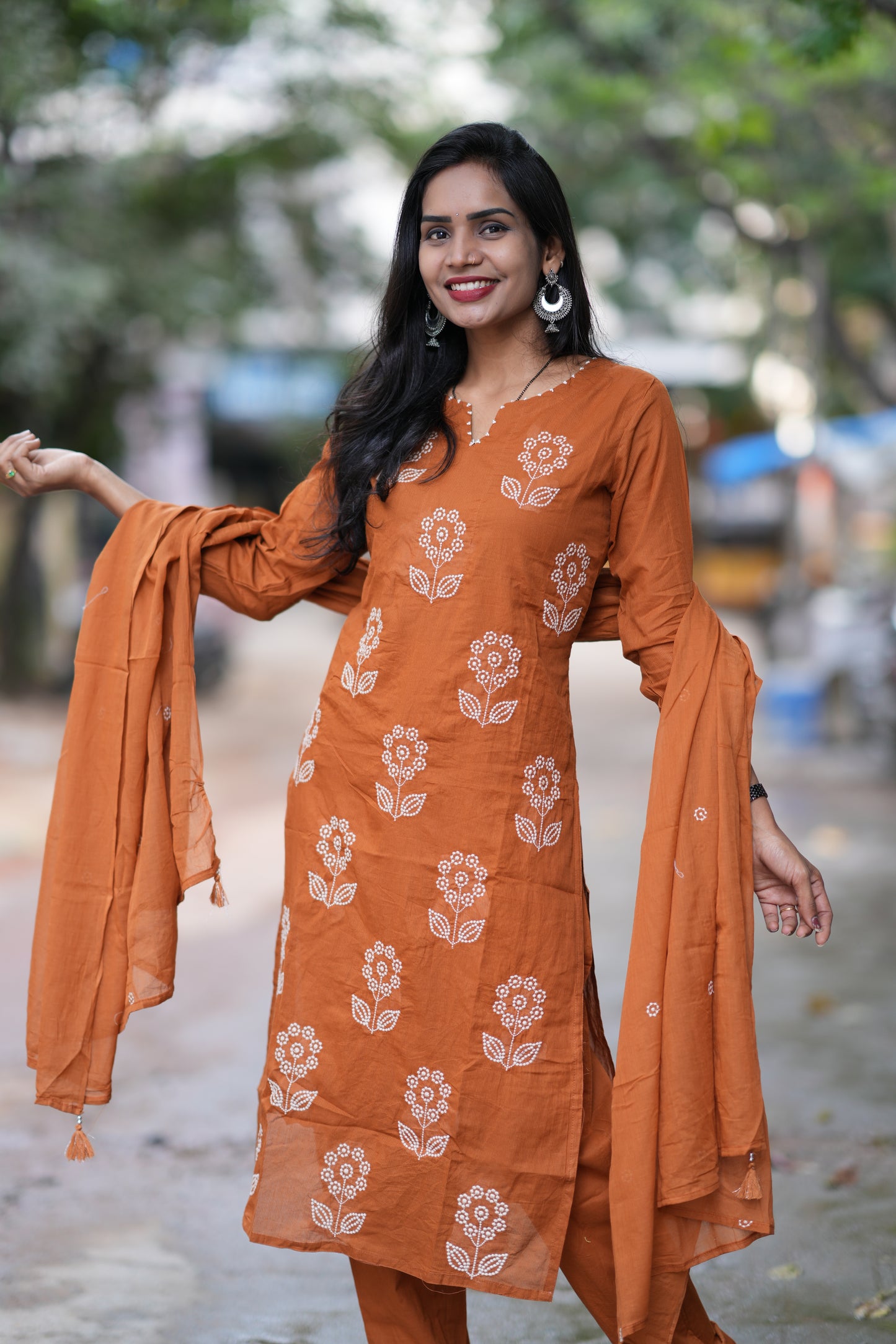 Brown Color Mul Cotton 3 Piece Set With Thread Work