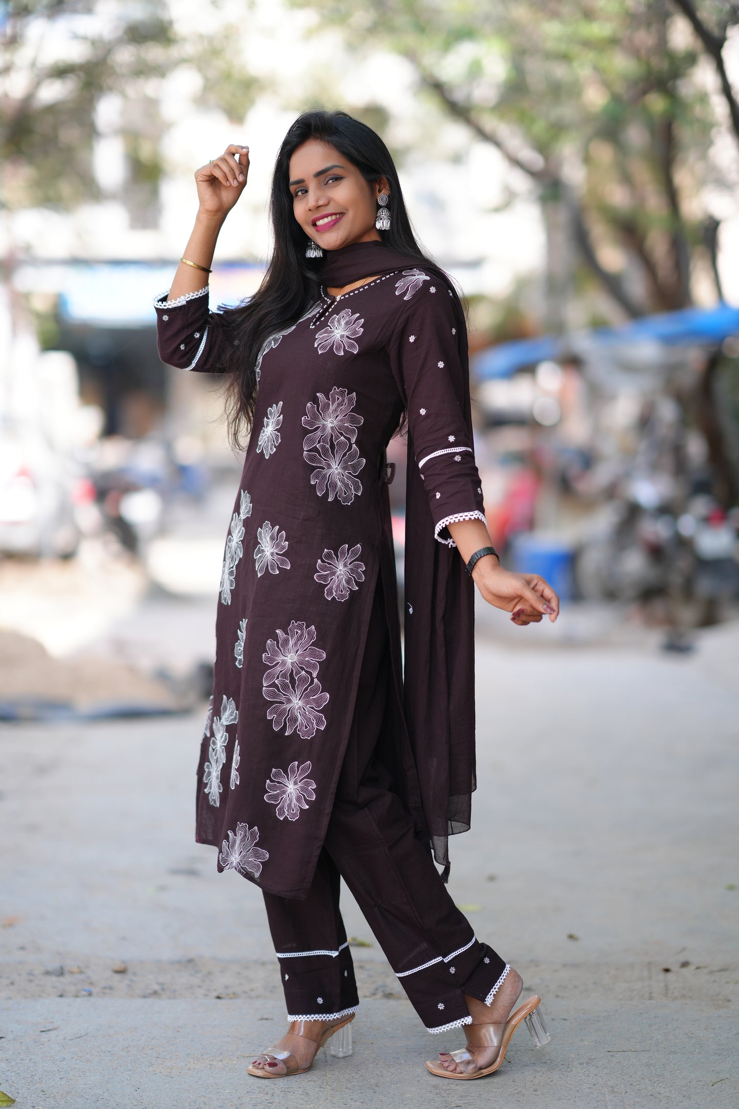 Brown Color Slub Jaipur Cotton 3 Piece Set With thread Embroidery Work and Complete Lining