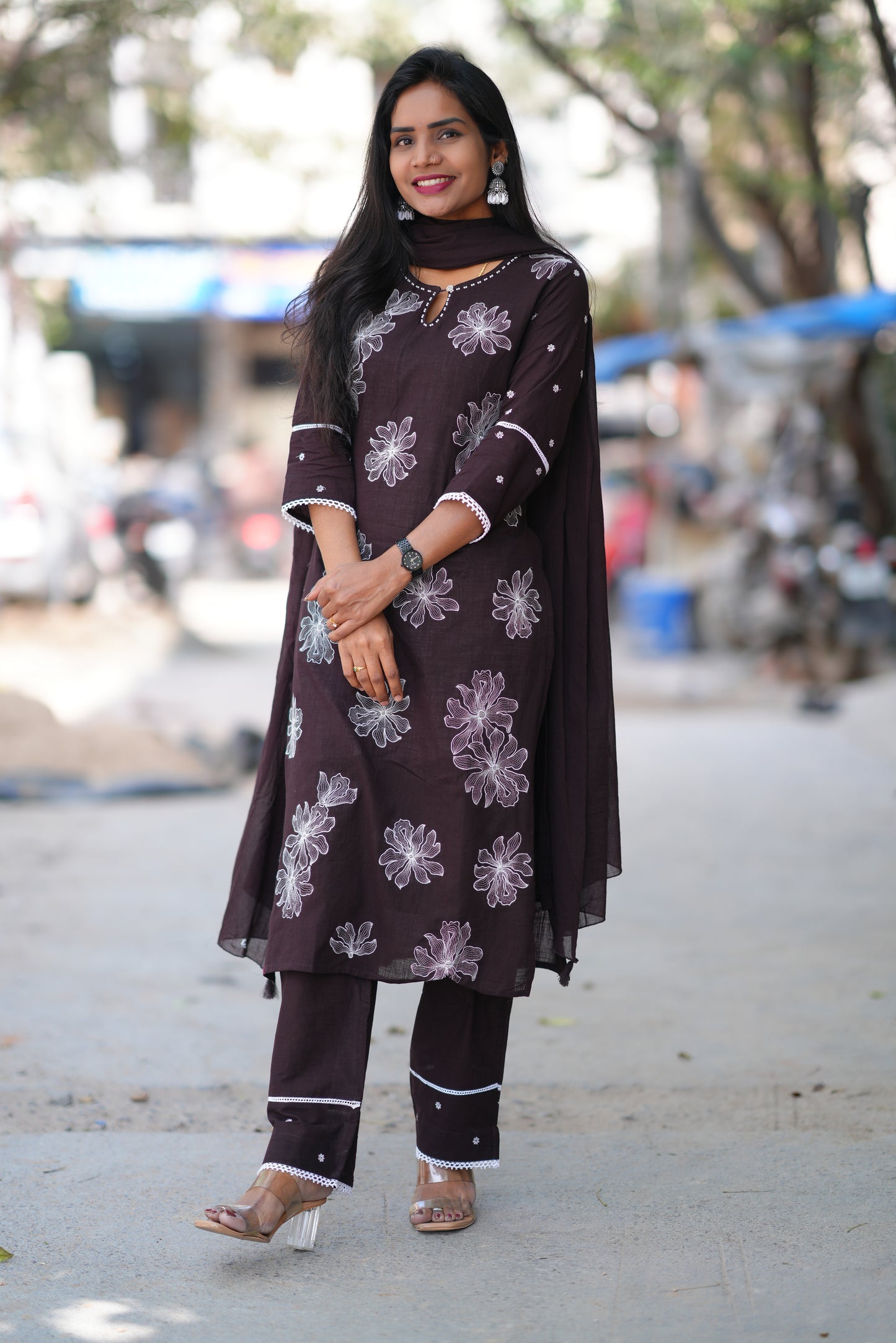 Brown Color Jaipur Cotton 3 Piece Set with Embroidery work and Complete lining