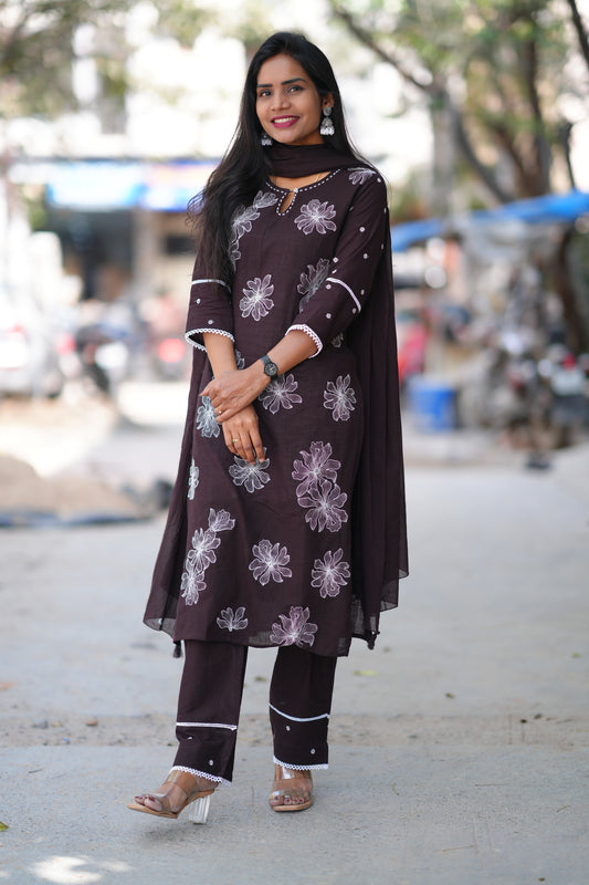 Brown Color Jaipur Cotton 3 Piece Set with Embroidery work and Complete lining