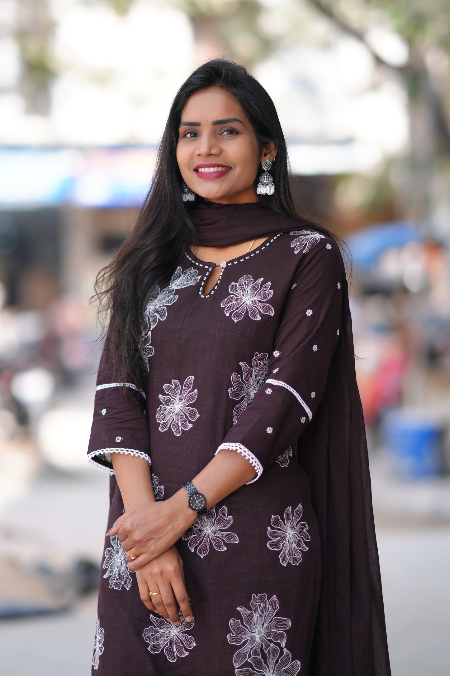 Brown Color Jaipur Cotton 3 Piece Set with Embroidery work and Complete lining