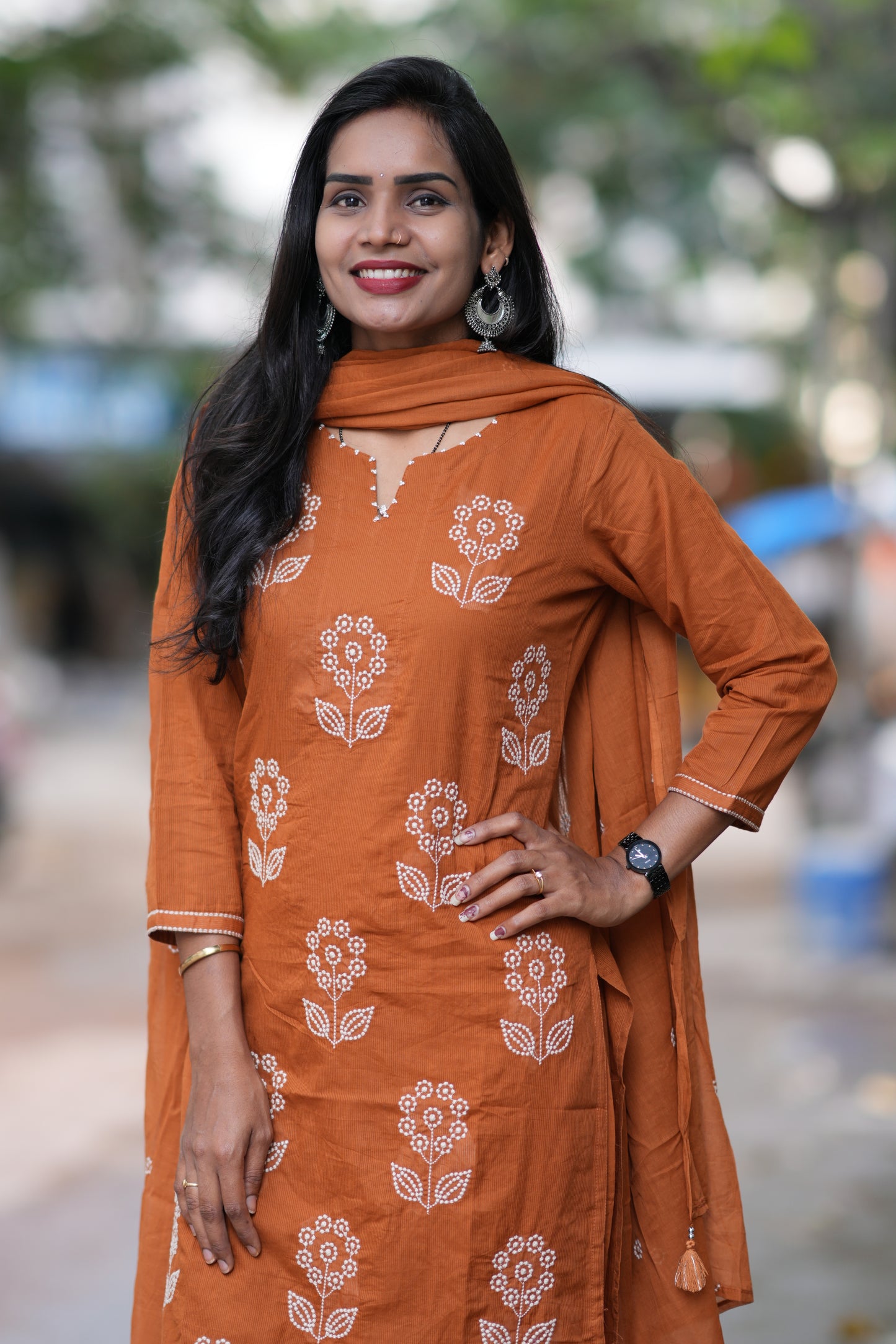 Brown Color Mul Cotton 3 Piece Set With Thread Work