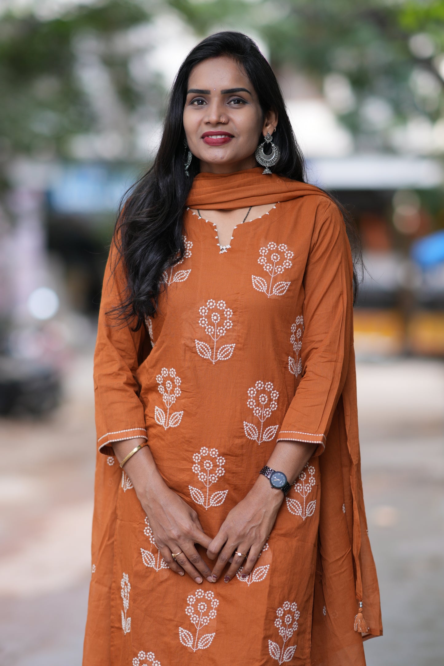 Brown Color Mul Cotton 3 Piece Set With Thread Work