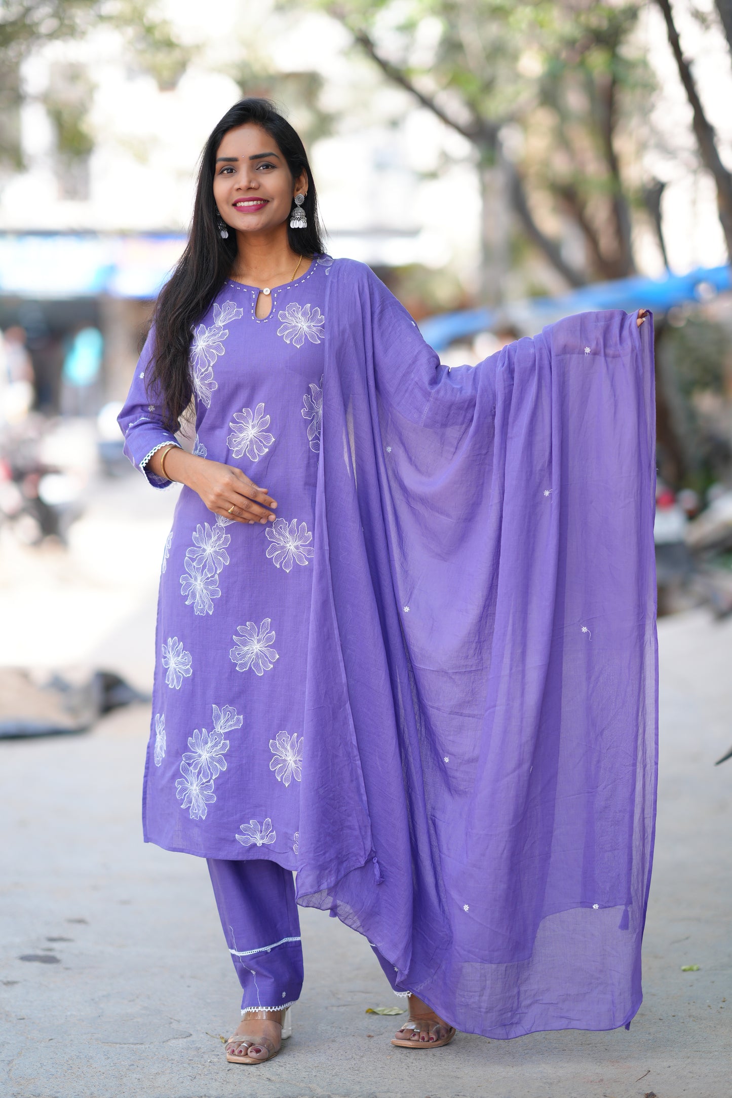 Lavender Color Slub Cotton 3 Piece Set With Embroidery Work and Complete Lining