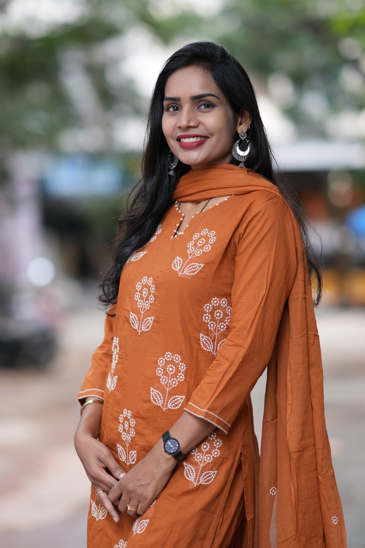 Brown Color Mul Cotton 3 Piece Set With Thread Work