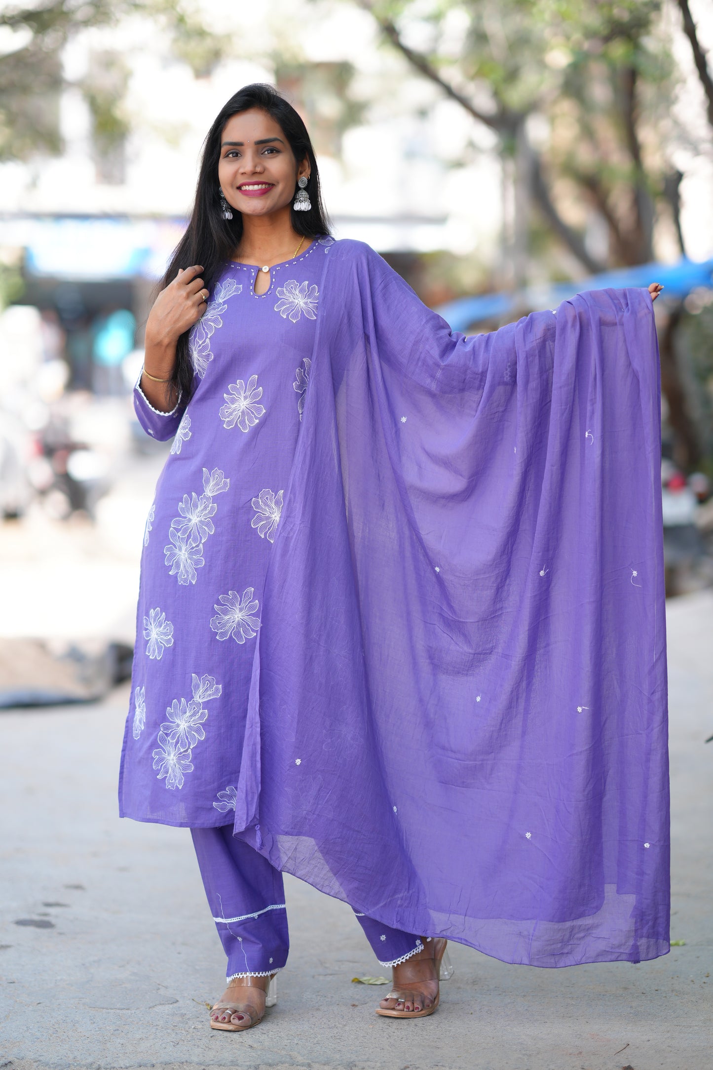 Lavender Color Slub Cotton 3 Piece Set With Embroidery Work and Complete Lining