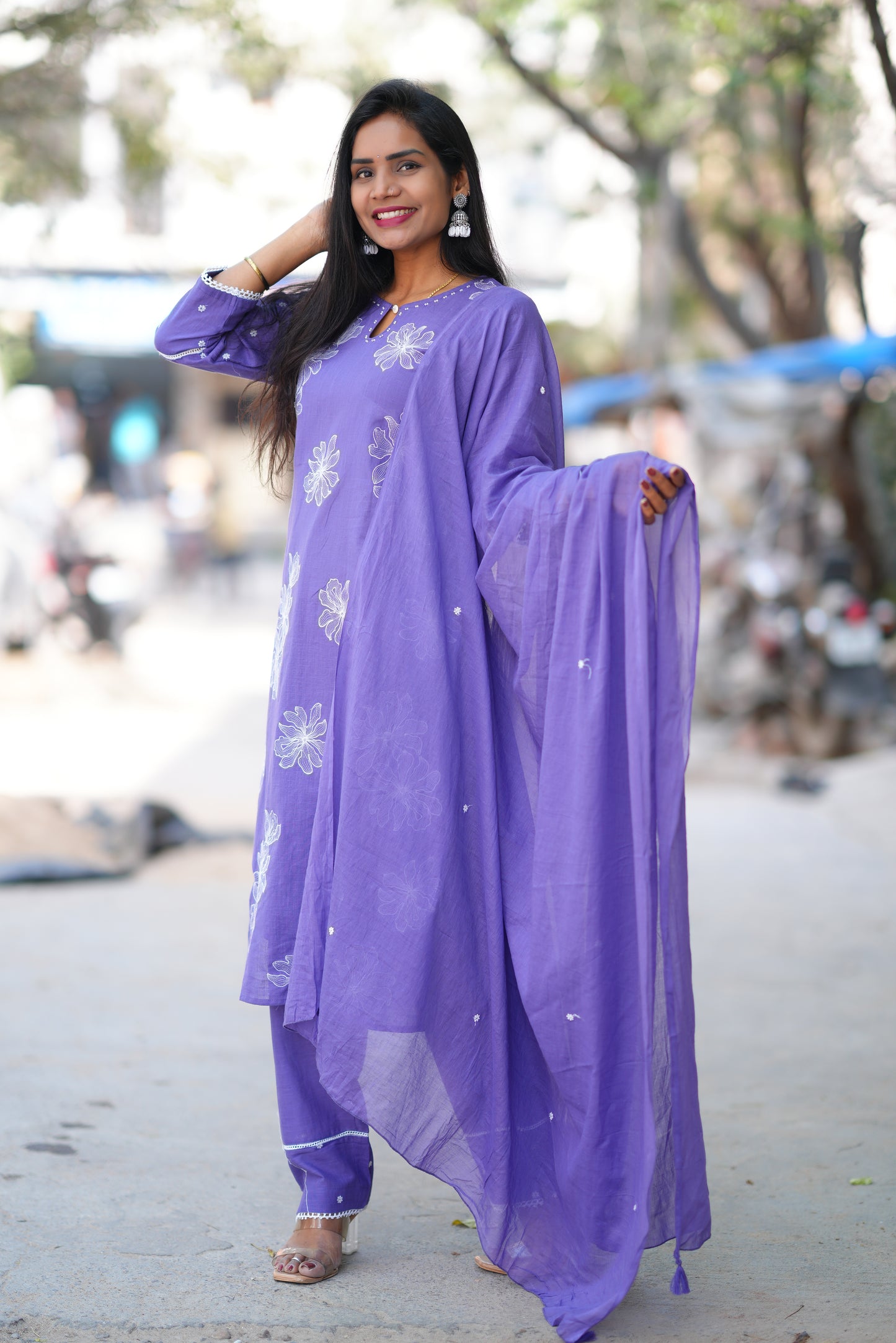 Purple Color Slub Cotton 3 Piece Set With Embroidery Work and Complete Lining