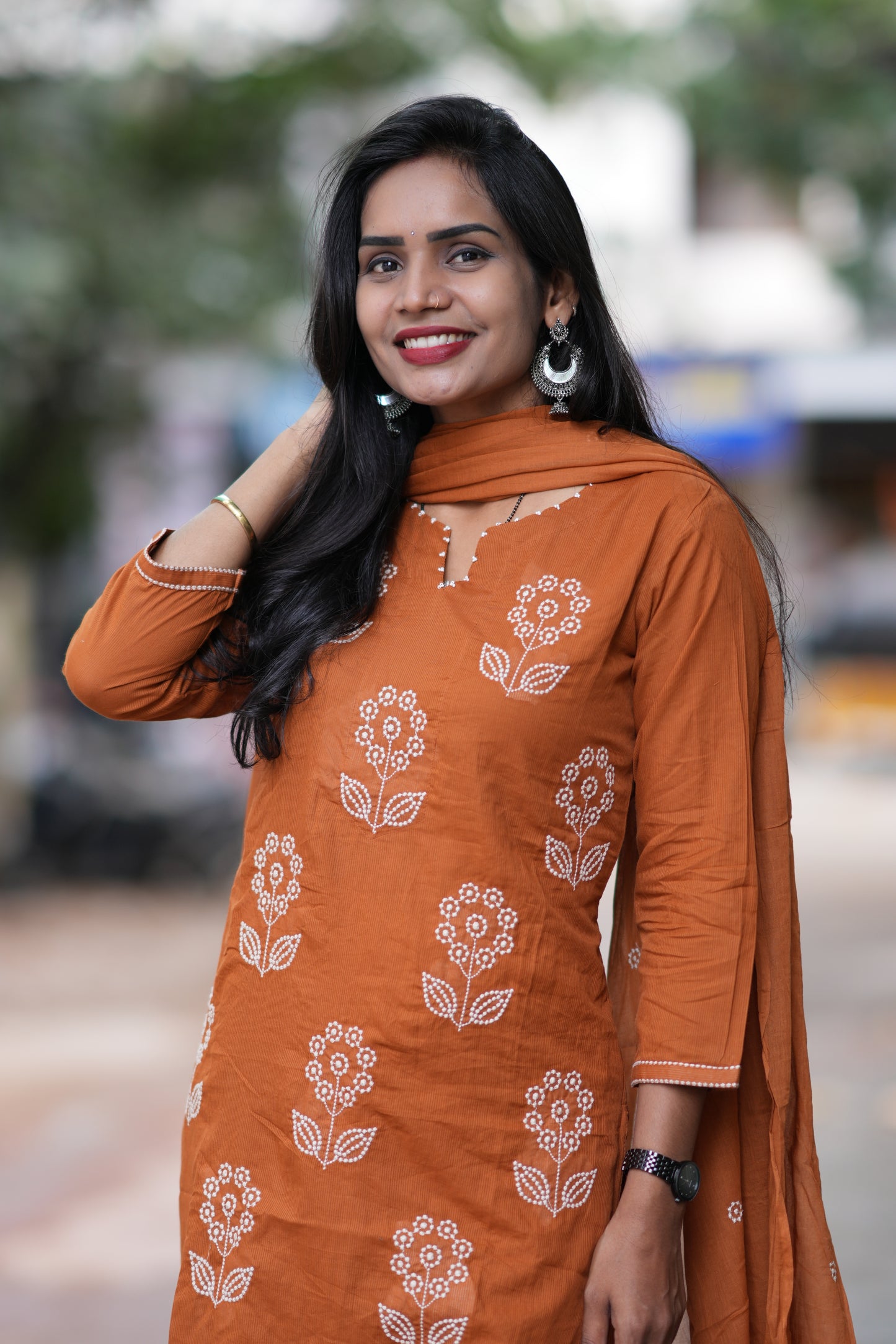 Brown Color Mul Cotton 3 Piece Set With Thread Work