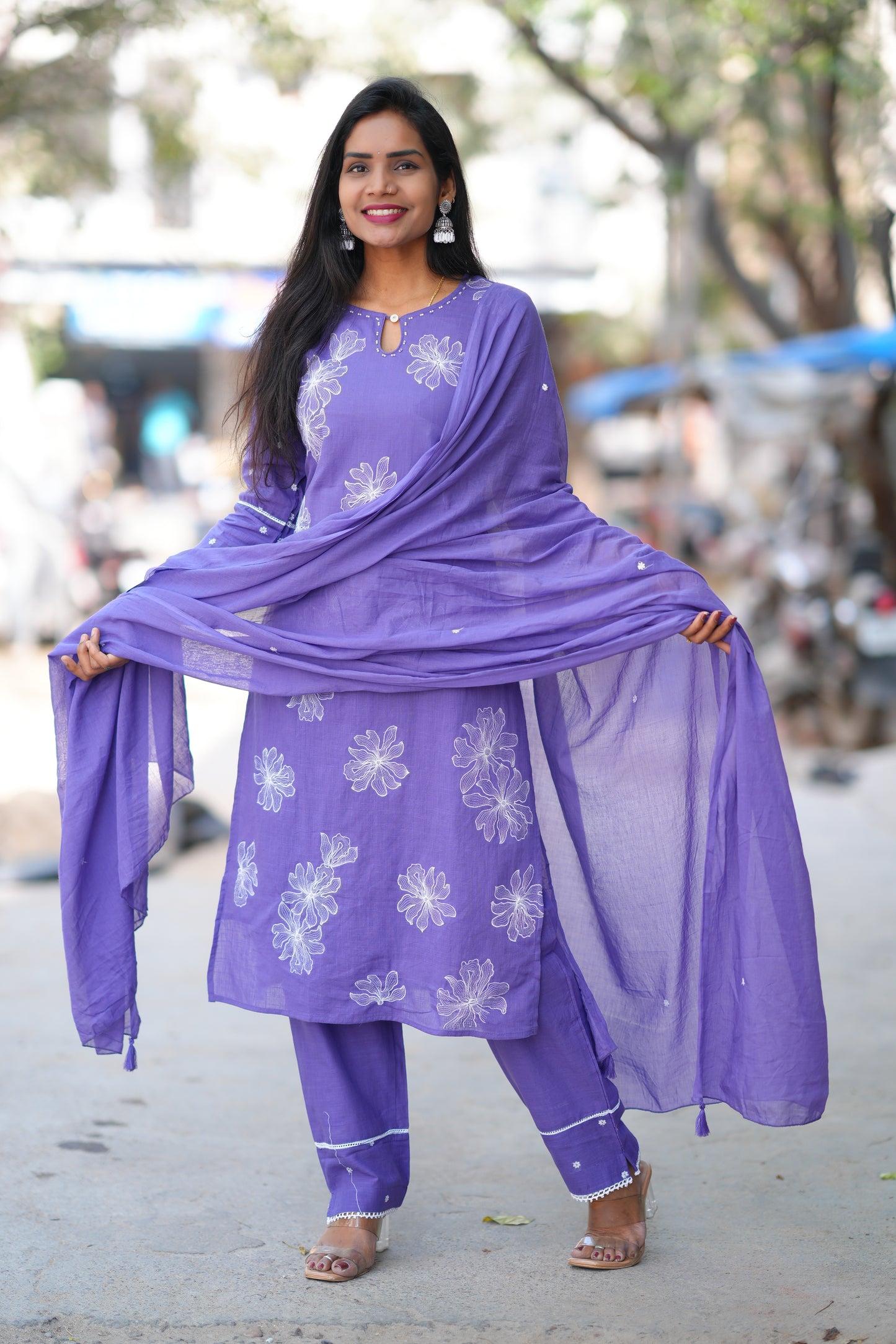 Lavender Color Slub Cotton 3 Piece Set With Embroidery Work and Complete Lining