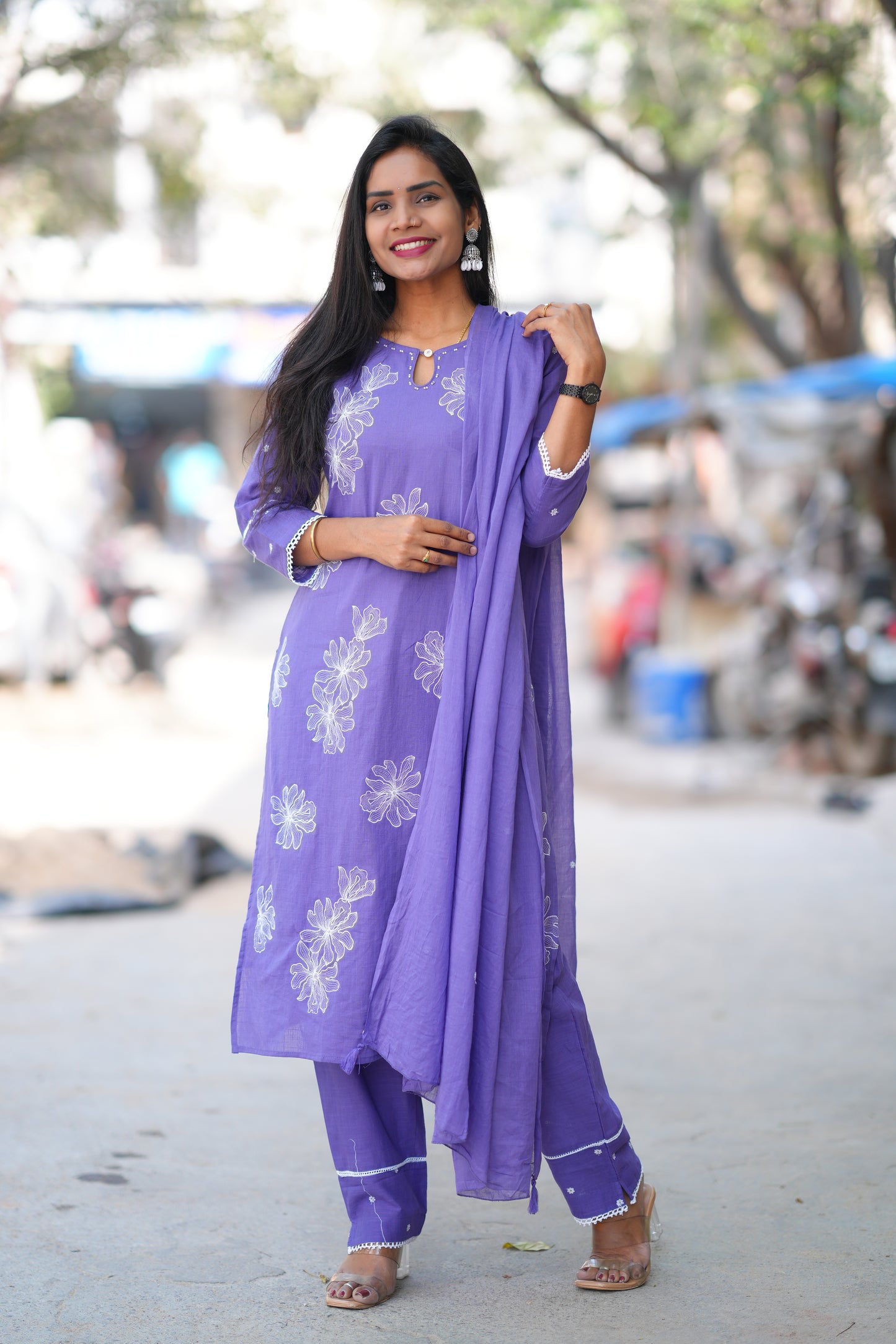 Lavender Color Slub Cotton 3 Piece Set With Embroidery Work and Complete Lining