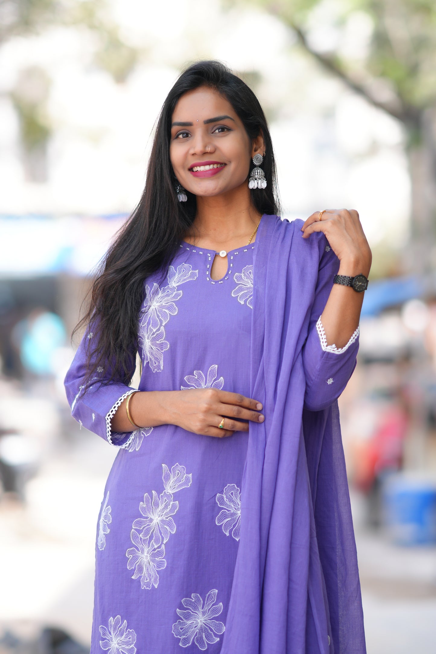 Lavender Color Slub Cotton 3 Piece Set With Embroidery Work and Complete Lining