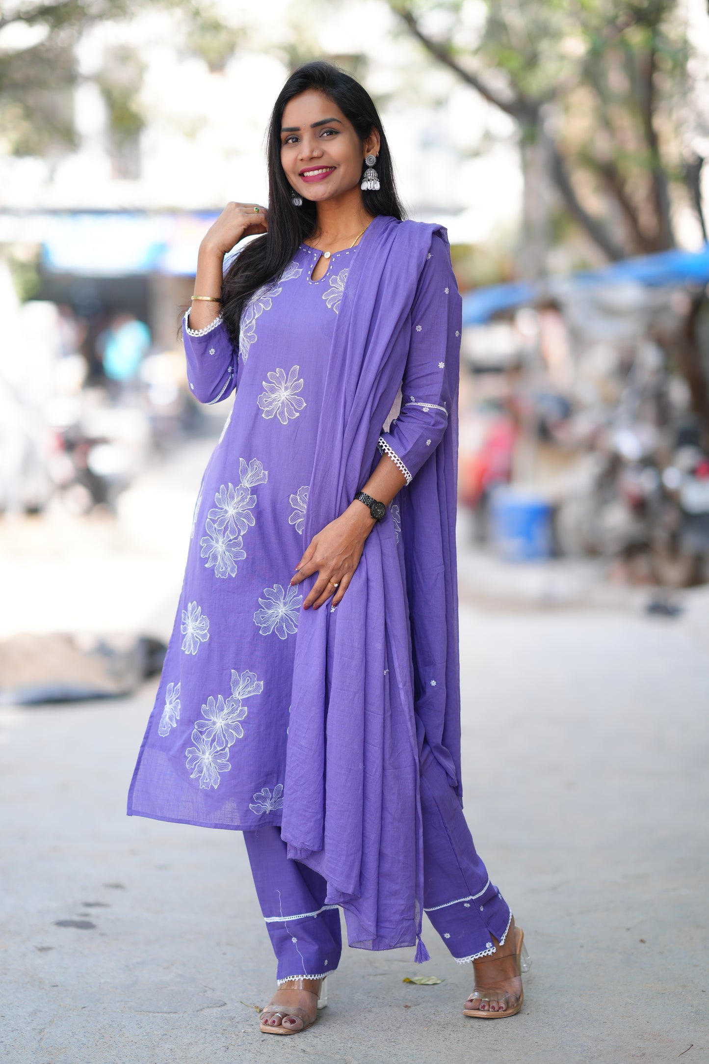 Lavender Color Slub Cotton 3 Piece Set With Embroidery Work and Complete Lining
