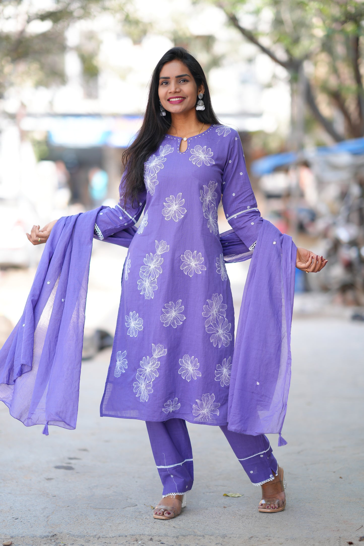Lavender Color Slub Cotton 3 Piece Set With Embroidery Work and Complete Lining