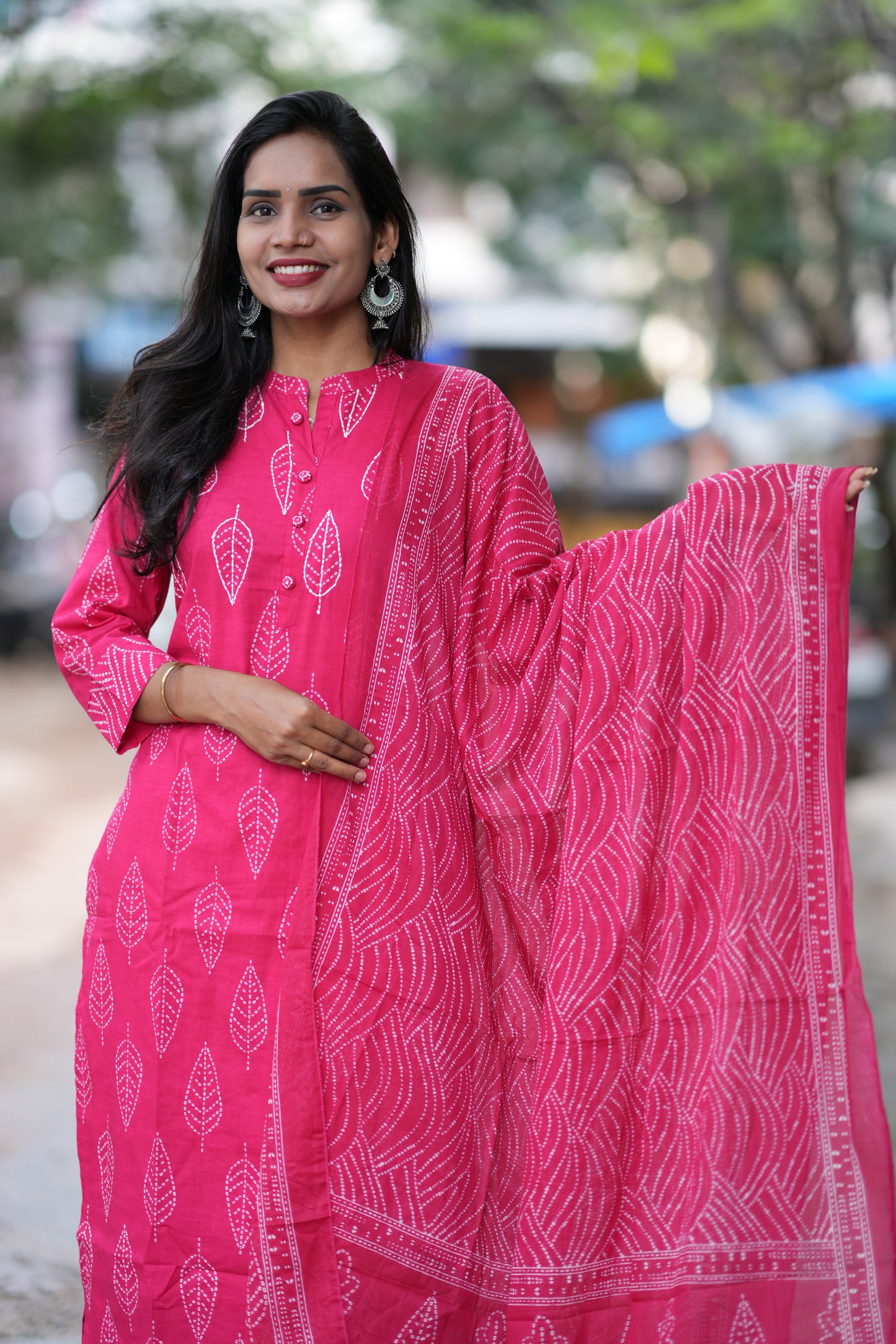 Rani Pink Color Jaipuri Cotton 3 Piece Set With Kantha Work and Complete Lining