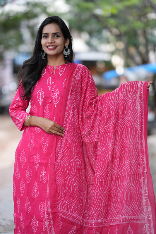 Rani Pink Color Jaipuri Cotton 3 Piece Set With Kantha Work and Complete Lining