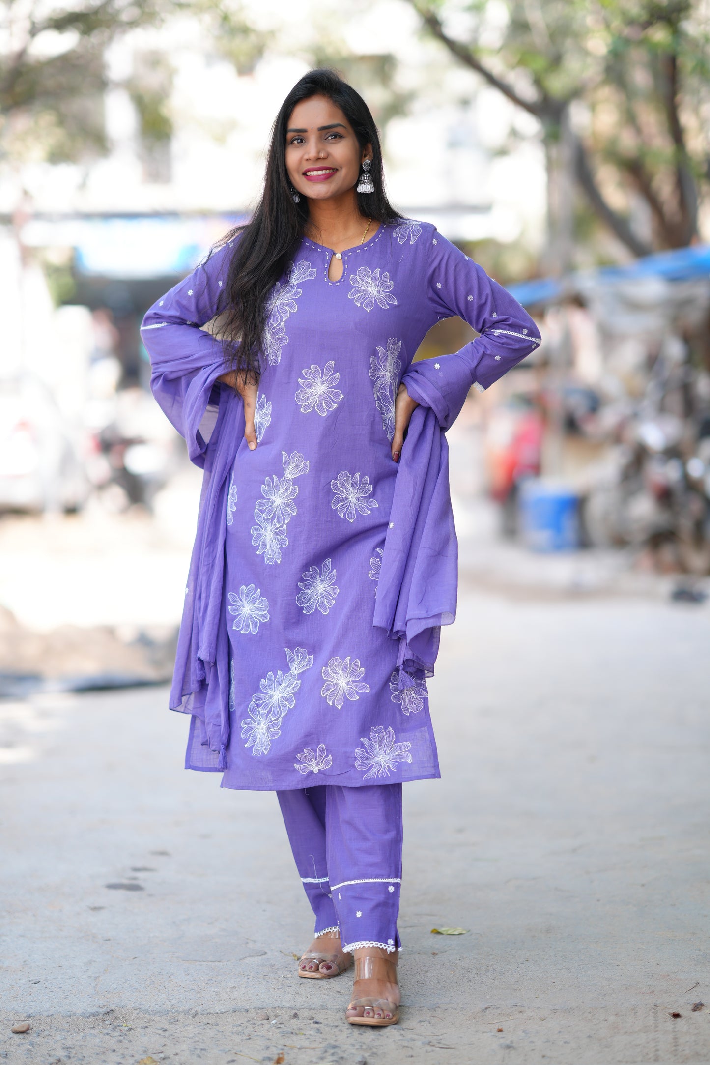 Purple Color Slub Cotton 3 Piece Set With Embroidery Work and Complete Lining