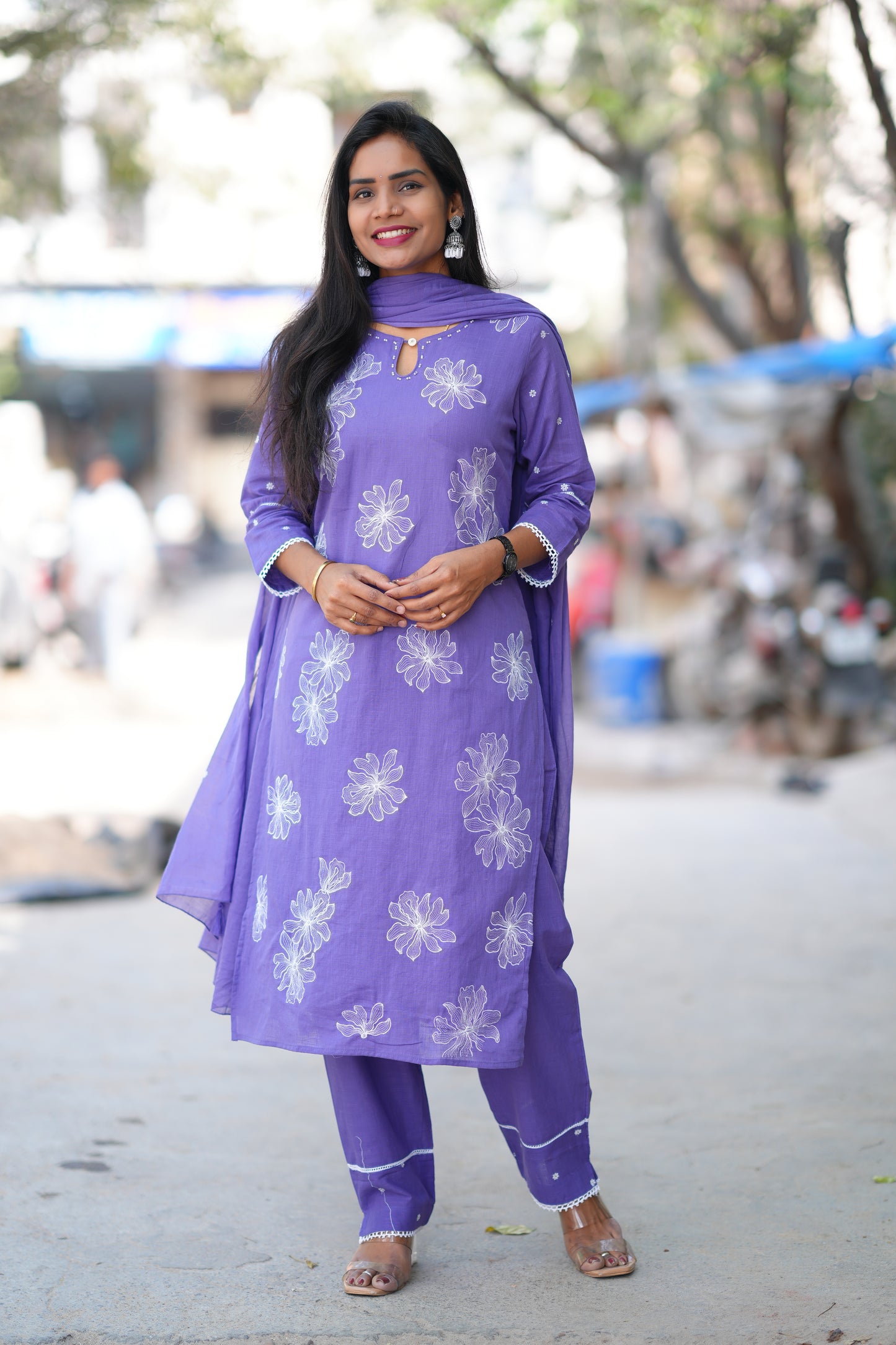 Lavender Color Slub Cotton 3 Piece Set With Embroidery Work and Complete Lining