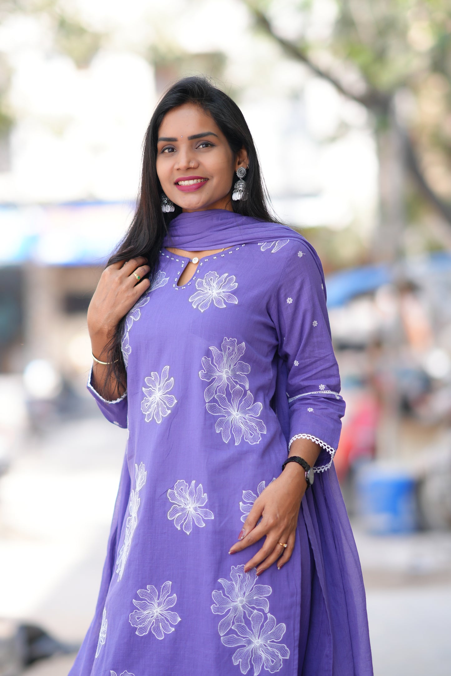 Purple Color Slub Cotton 3 Piece Set With Embroidery Work and Complete Lining